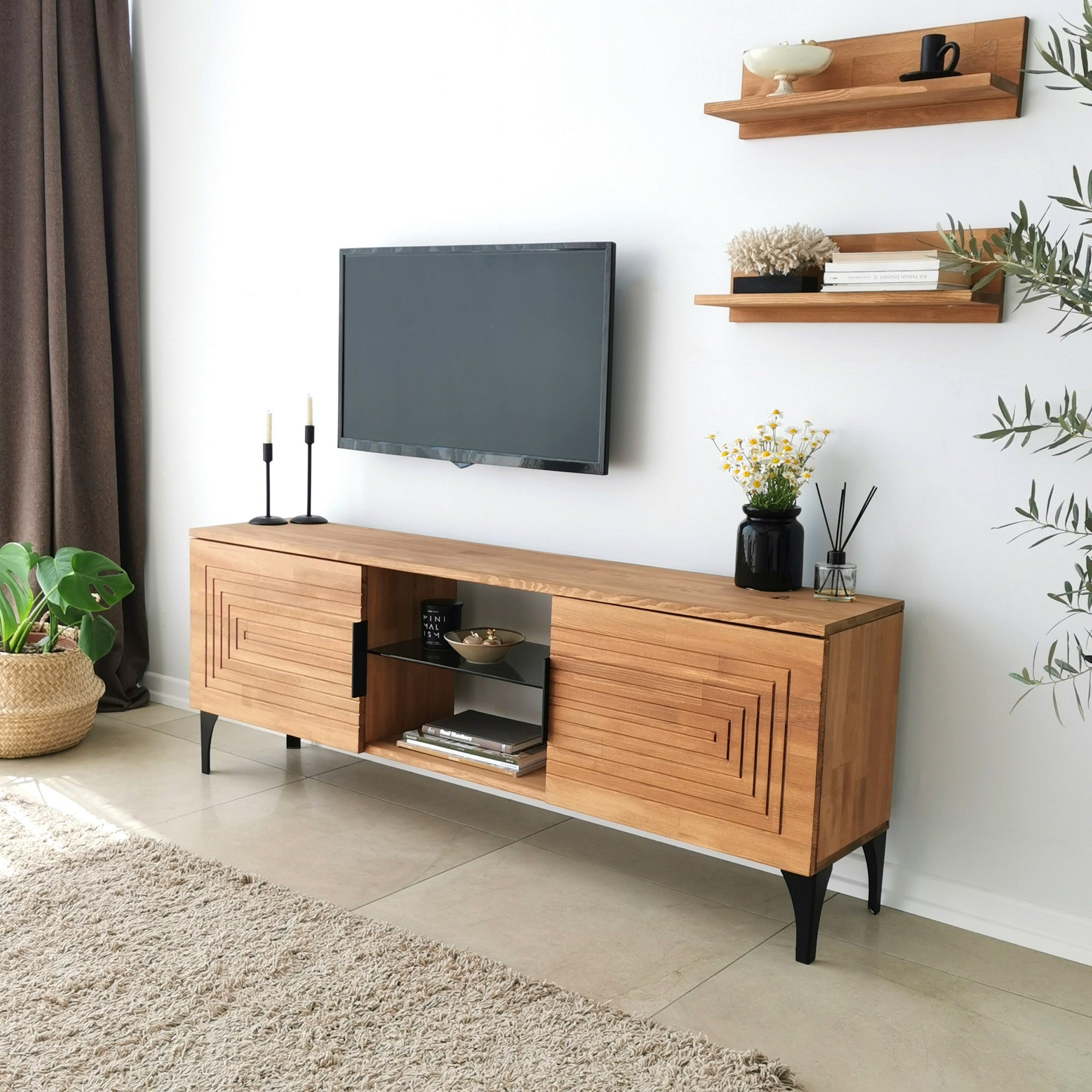 Móvel de TV rústico em carvalho com estrutura de metal, 100% madeira maciça de pinho, pés antibacterianos e antiferrugem | 150 x 30 x 40 cm | Elegante e funcional para espaços modernos