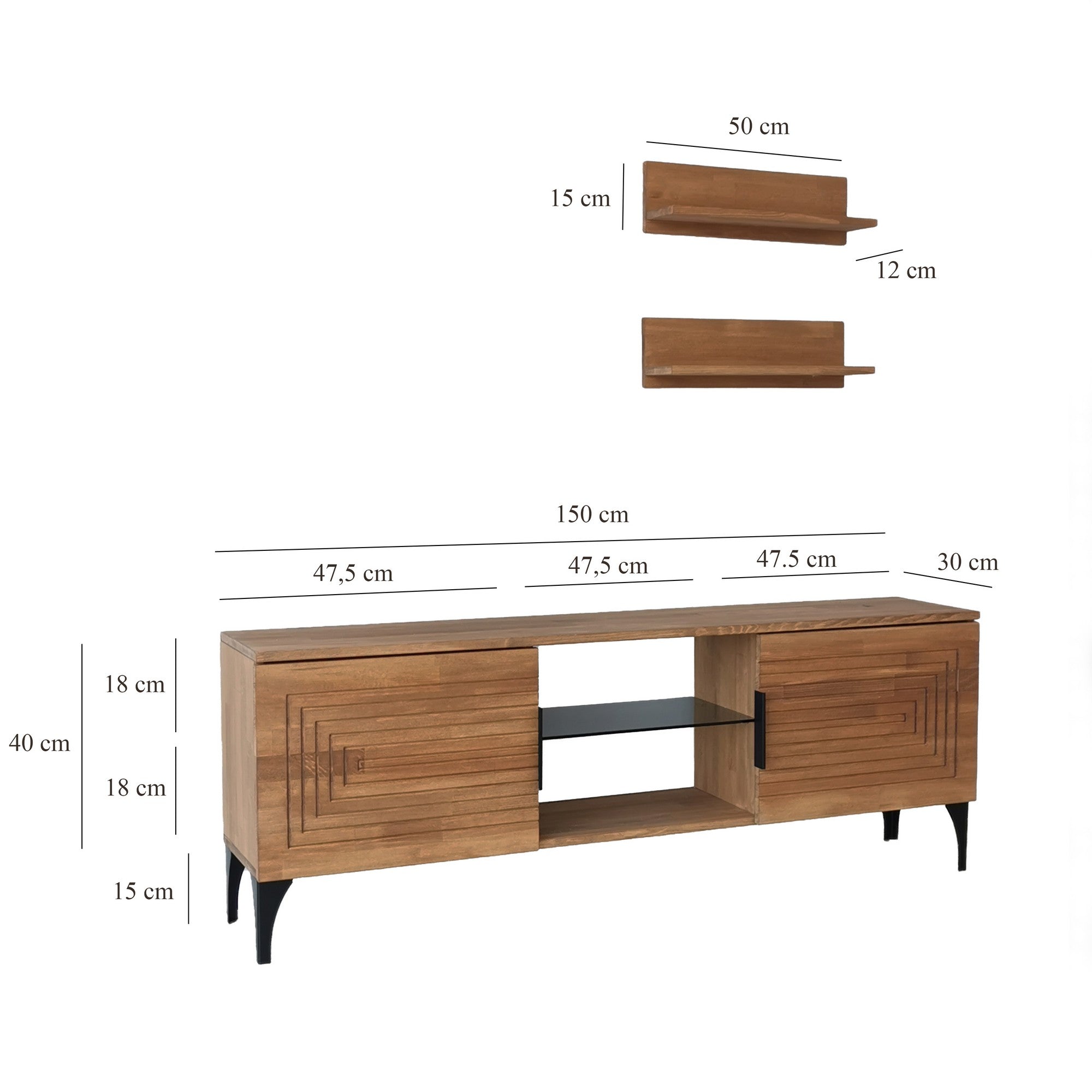 Móvel de TV rústico em carvalho com estrutura de metal, 100% madeira maciça de pinho, pés antibacterianos e antiferrugem | 150 x 30 x 40 cm | Elegante e funcional para espaços modernos