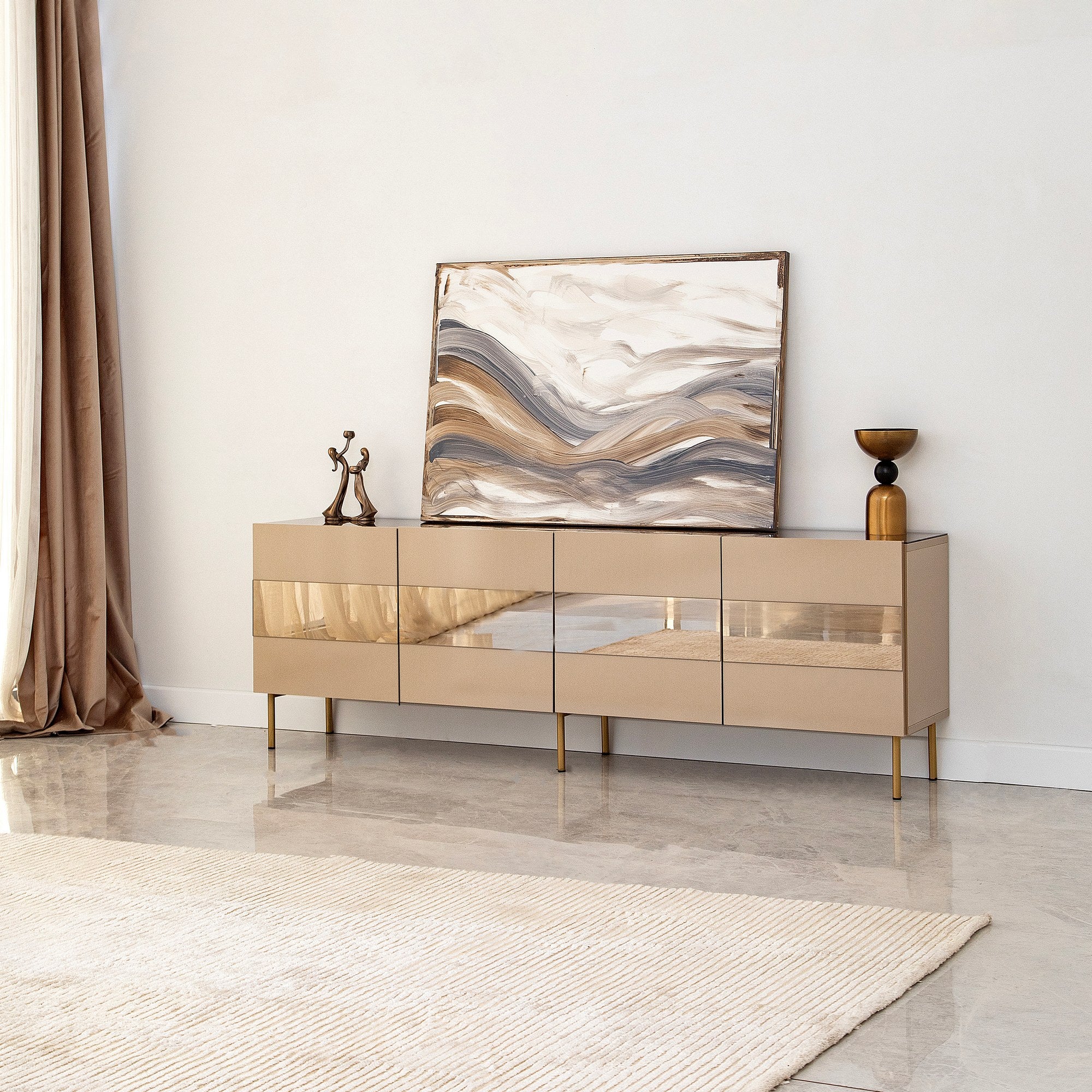Móvel de TV elegante, 180 cm, bronze e dourado | 100% MDF, 18 mm de espessura | Design elegante para salas de estar modernas, altura: 59 cm, profundidade: 35 cm