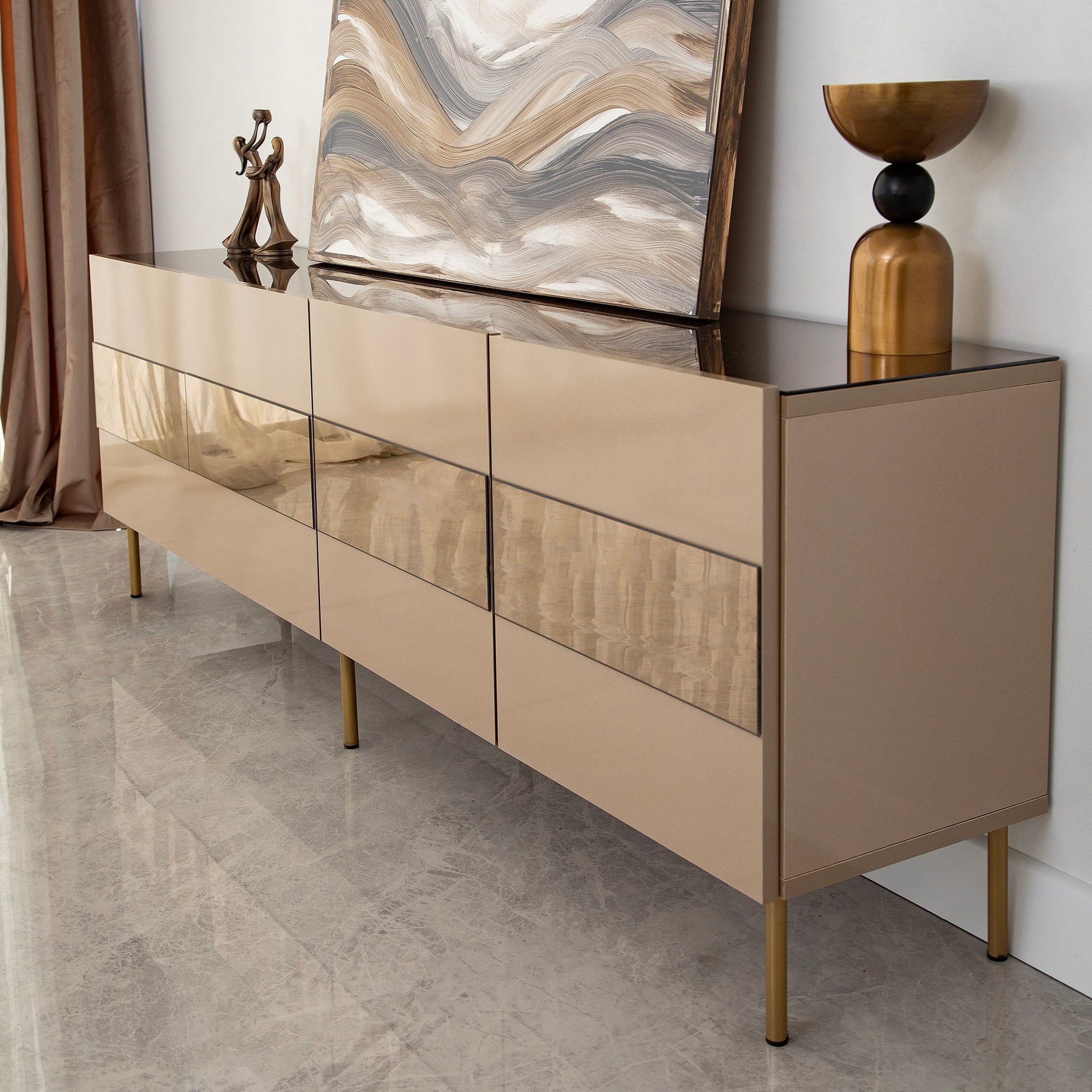 Móvel de TV elegante, 180 cm, bronze e dourado | 100% MDF, 18 mm de espessura | Design elegante para salas de estar modernas, altura: 59 cm, profundidade: 35 cm