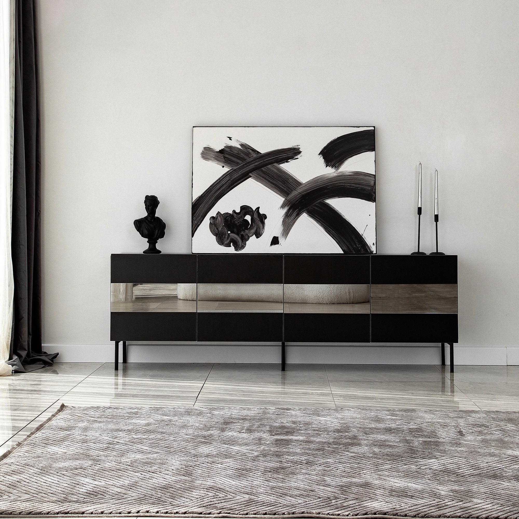 Móvel de TV elegante, preto e fumê, 180 x 59 x 35 cm | Painel de partículas 100% revestido em melamina, 18 mm de espessura | Design moderno para salas de estar e espaços de entretenimento
