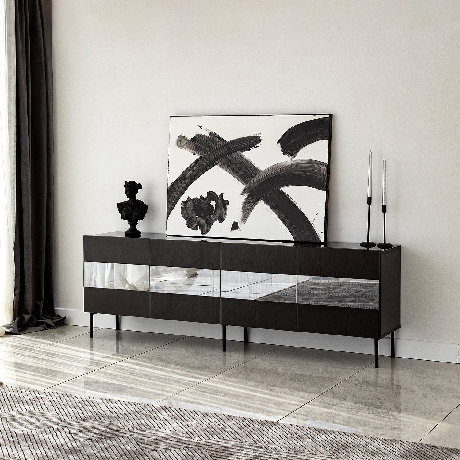 Móvel de TV elegante, preto e fumê, 180 x 59 x 35 cm | Painel de partículas 100% revestido em melamina, 18 mm de espessura | Design moderno para salas de estar e espaços de entretenimento