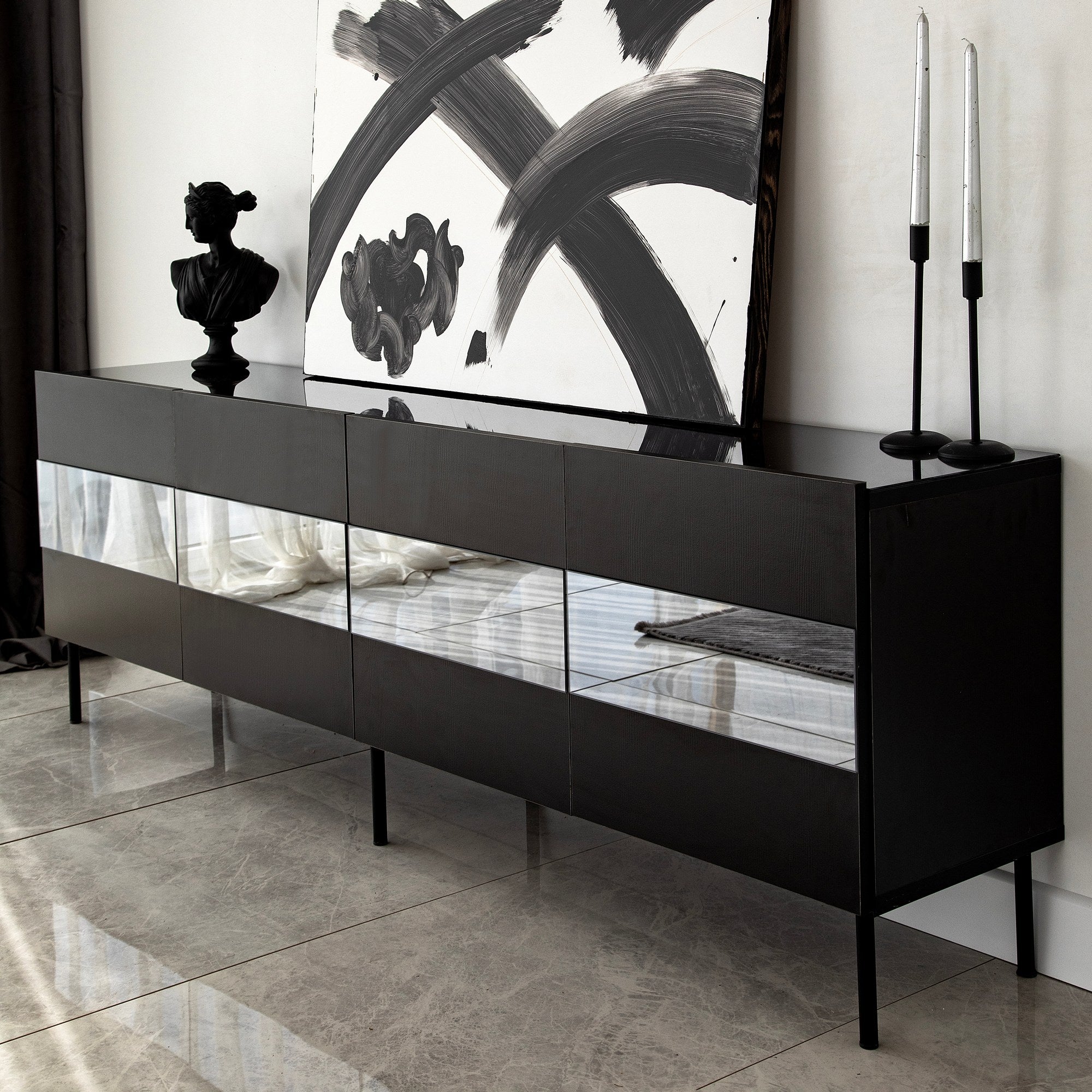 Móvel de TV elegante, preto e fumê, 180 x 59 x 35 cm | Painel de partículas 100% revestido em melamina, 18 mm de espessura | Design moderno para salas de estar e espaços de entretenimento