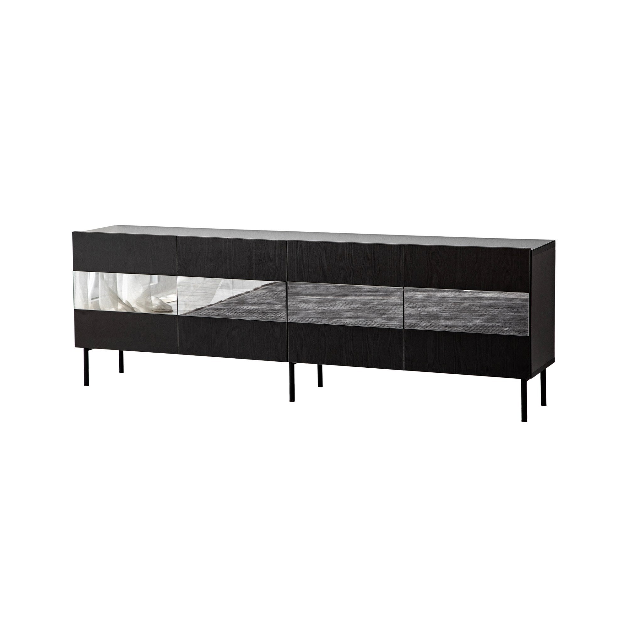 Móvel de TV elegante, preto e fumê, 180 x 59 x 35 cm | Painel de partículas 100% revestido em melamina, 18 mm de espessura | Design moderno para salas de estar e espaços de entretenimento