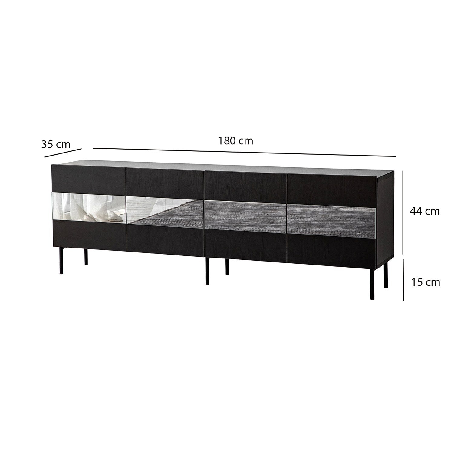 Móvel de TV elegante, preto e fumê, 180 x 59 x 35 cm | Painel de partículas 100% revestido em melamina, 18 mm de espessura | Design moderno para salas de estar e espaços de entretenimento