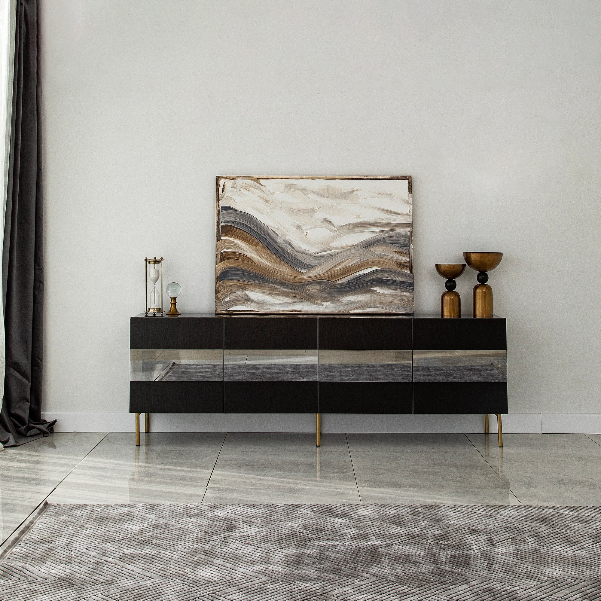 Móvel de TV elegante, dourado e fumê, 180 x 59 x 35 cm | Painel de partículas 100% revestido em melamina, 18 mm de espessura | Elegante e funcional para salas de estar modernas