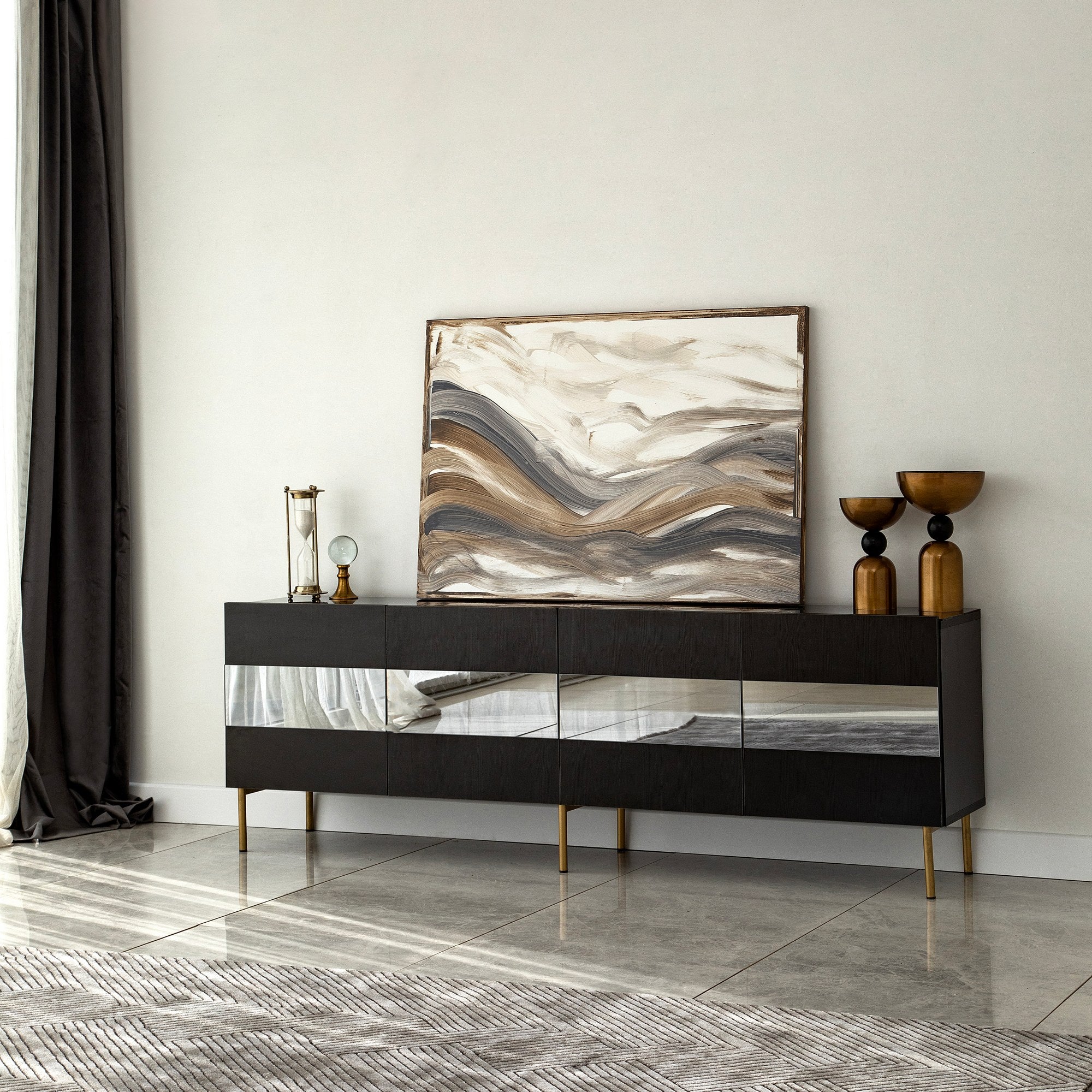 Móvel de TV elegante, dourado e fumê, 180 x 59 x 35 cm | Painel de partículas 100% revestido em melamina, 18 mm de espessura | Elegante e funcional para salas de estar modernas