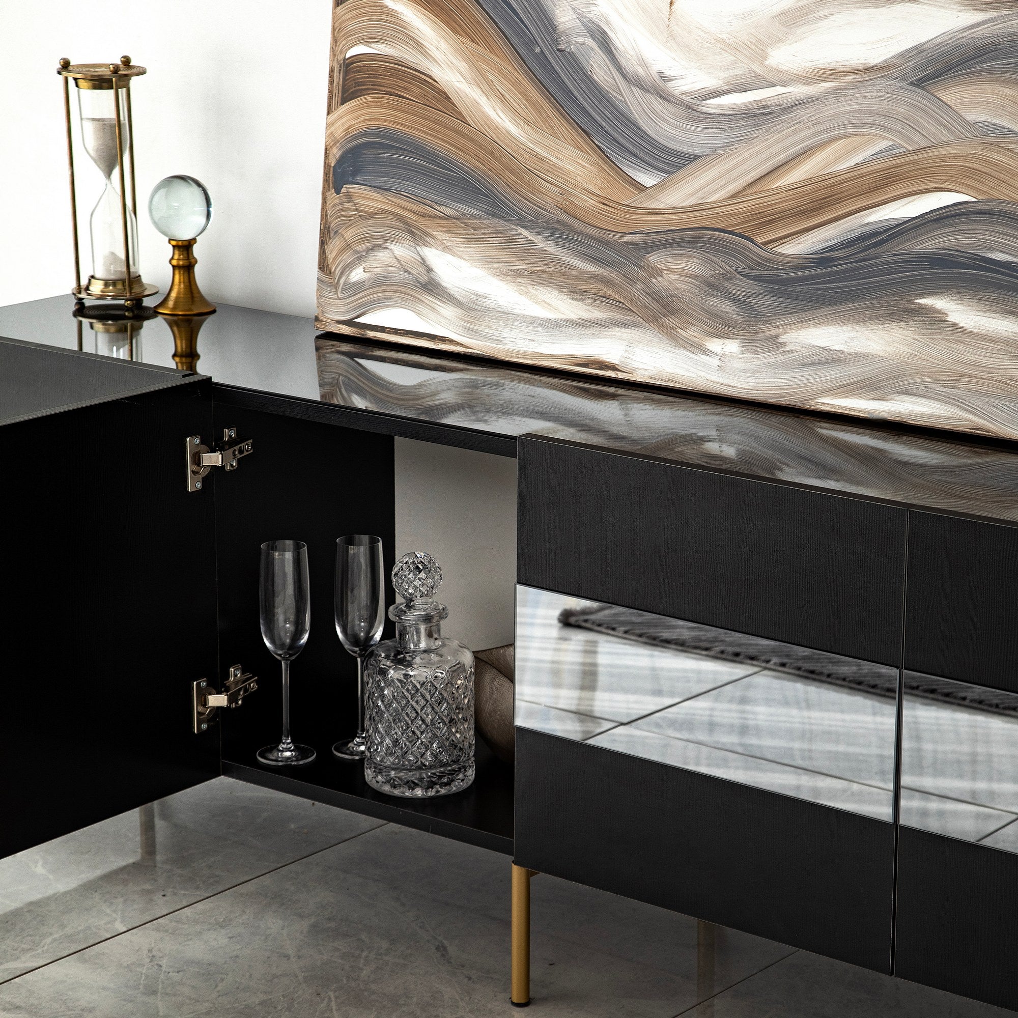 Móvel de TV elegante, dourado e fumê, 180 x 59 x 35 cm | Painel de partículas 100% revestido em melamina, 18 mm de espessura | Elegante e funcional para salas de estar modernas