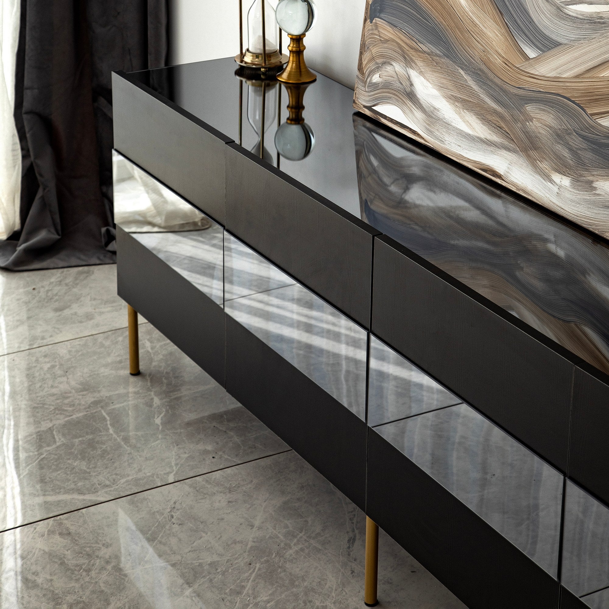 Móvel de TV elegante, dourado e fumê, 180 x 59 x 35 cm | Painel de partículas 100% revestido em melamina, 18 mm de espessura | Elegante e funcional para salas de estar modernas