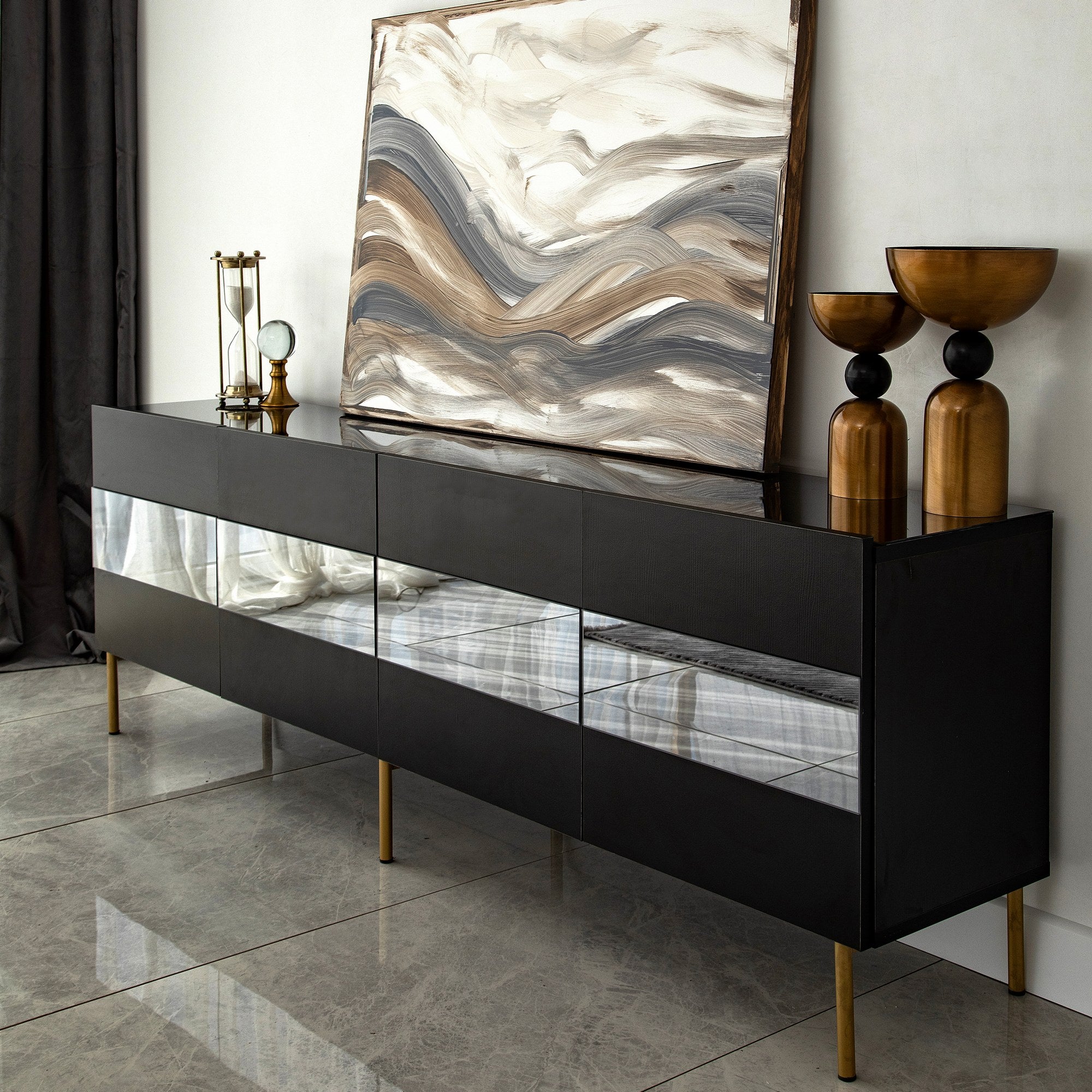 Móvel de TV elegante, dourado e fumê, 180 x 59 x 35 cm | Painel de partículas 100% revestido em melamina, 18 mm de espessura | Elegante e funcional para salas de estar modernas