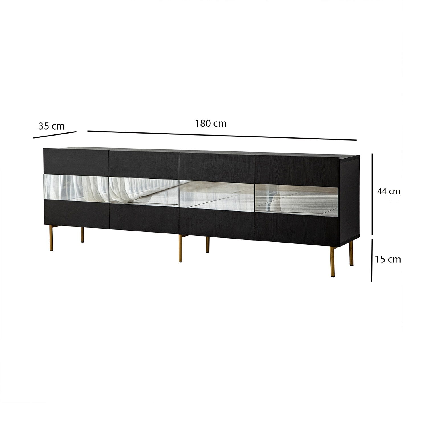 Móvel de TV elegante, dourado e fumê, 180 x 59 x 35 cm | Painel de partículas 100% revestido em melamina, 18 mm de espessura | Elegante e funcional para salas de estar modernas