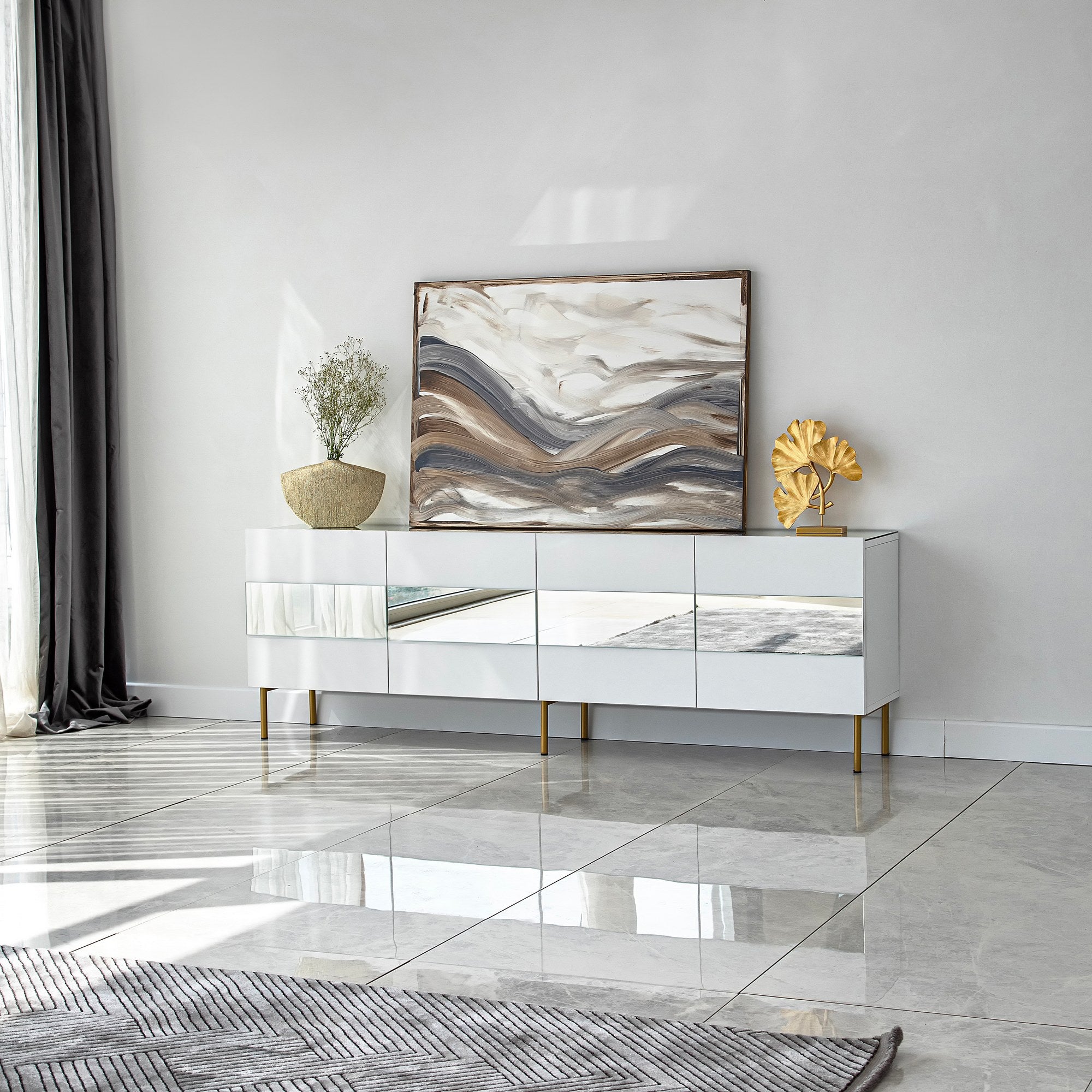 Móvel de TV elegante, branco e dourado, 180 x 35 x 59 cm | Painel de partículas 100% revestido em melamina, 18 mm de espessura | Elegante e funcional para salas de estar modernas
