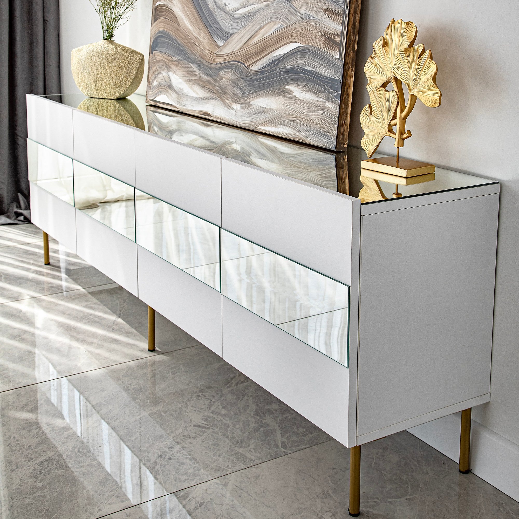 Móvel de TV elegante, branco e dourado, 180 x 35 x 59 cm | Painel de partículas 100% revestido em melamina, 18 mm de espessura | Elegante e funcional para salas de estar modernas