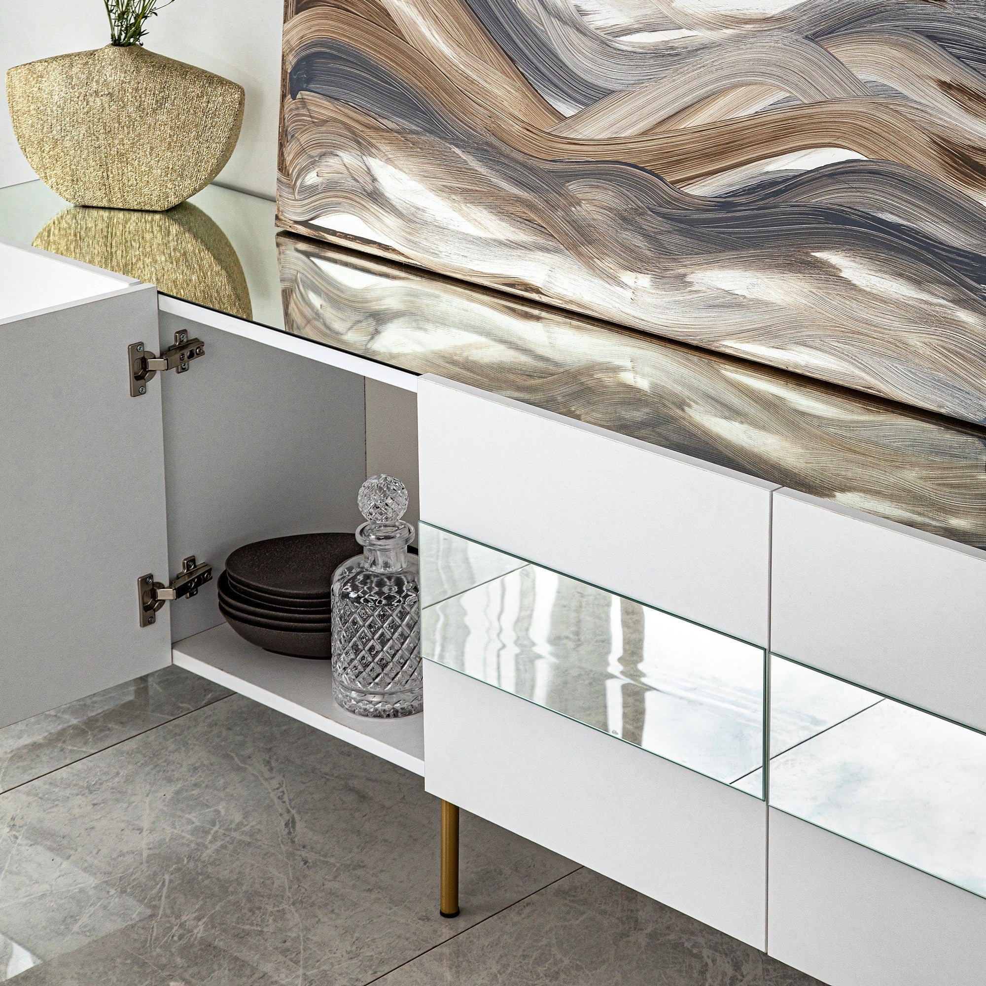 Móvel de TV elegante, branco e dourado, 180 x 35 x 59 cm | Painel de partículas 100% revestido em melamina, 18 mm de espessura | Elegante e funcional para salas de estar modernas