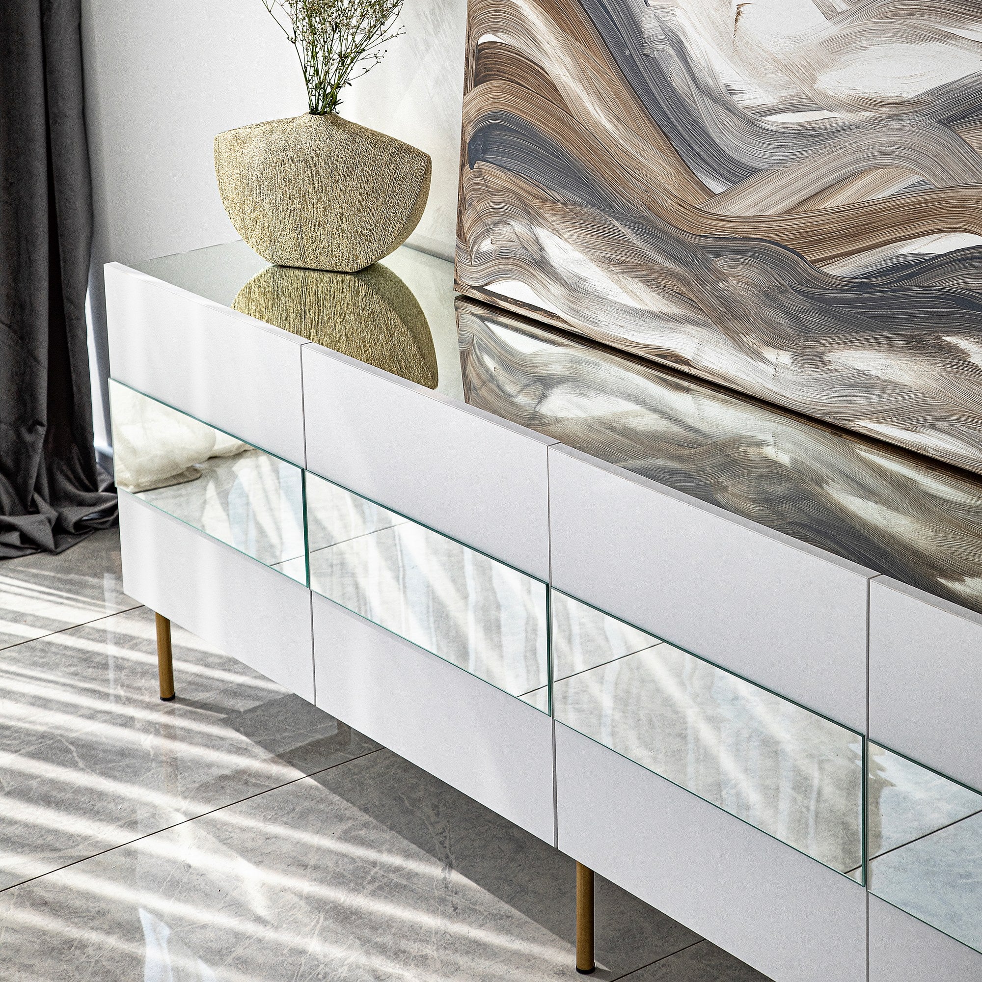 Móvel de TV elegante, branco e dourado, 180 x 35 x 59 cm | Painel de partículas 100% revestido em melamina, 18 mm de espessura | Elegante e funcional para salas de estar modernas