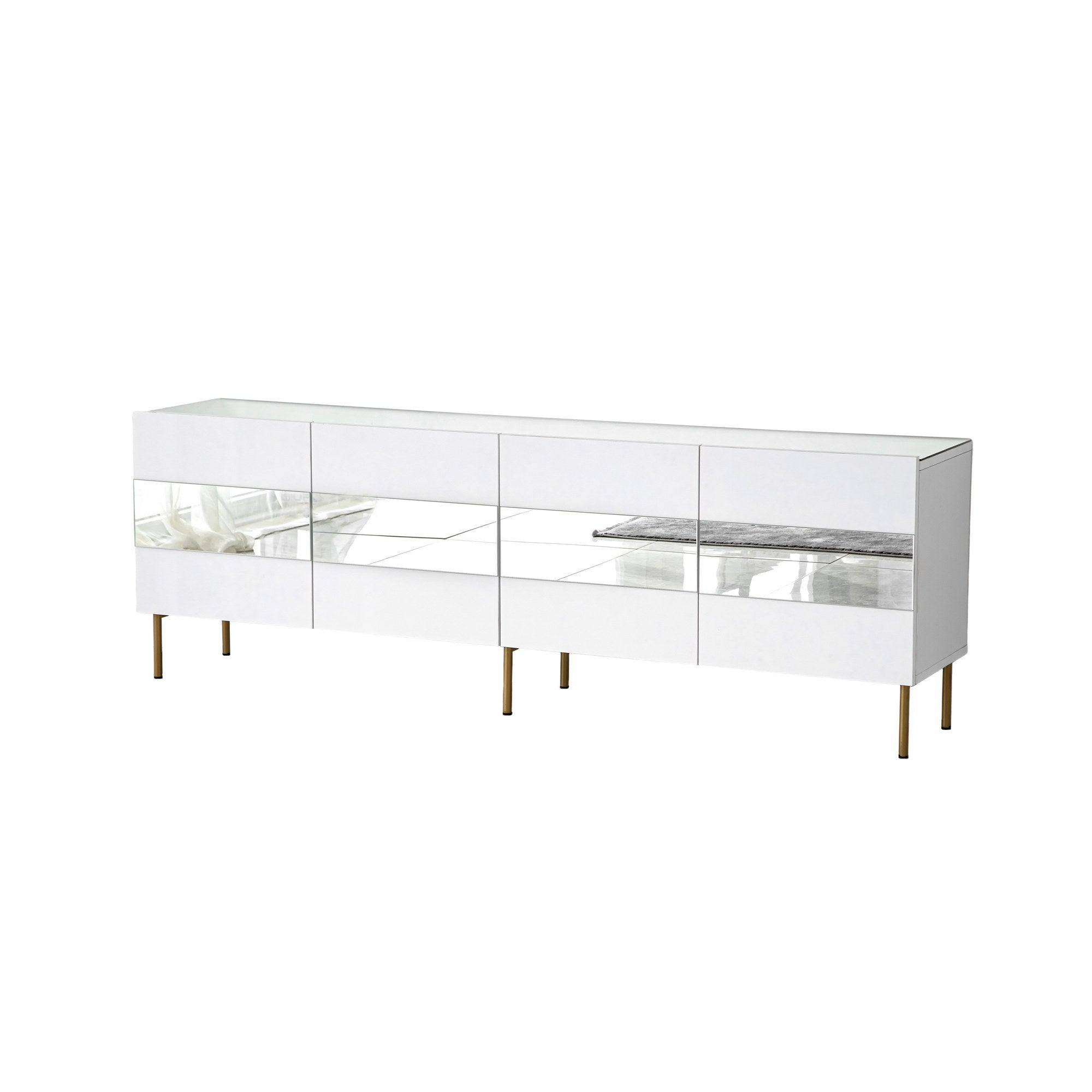 Móvel de TV elegante, branco e dourado, 180 x 35 x 59 cm | Painel de partículas 100% revestido em melamina, 18 mm de espessura | Elegante e funcional para salas de estar modernas