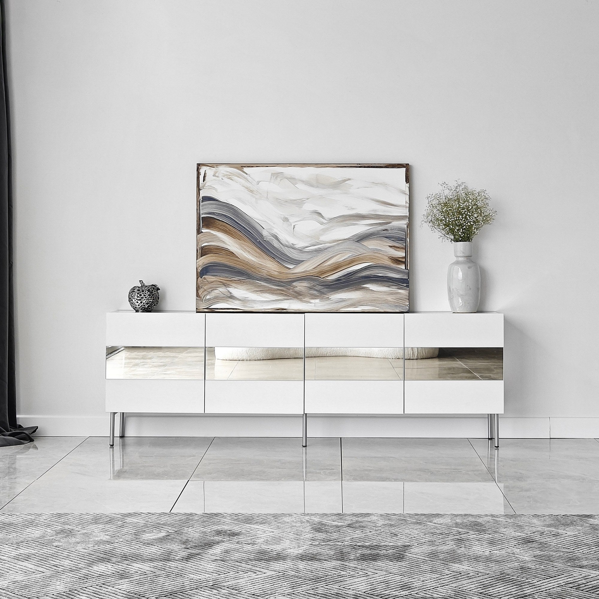 Móvel de TV elegante, 180 cm de largura, branco e prata | Painel de partículas 100% revestido de melamina, 18 mm de espessura | Design moderno para salas de estar e espaços de entretenimento