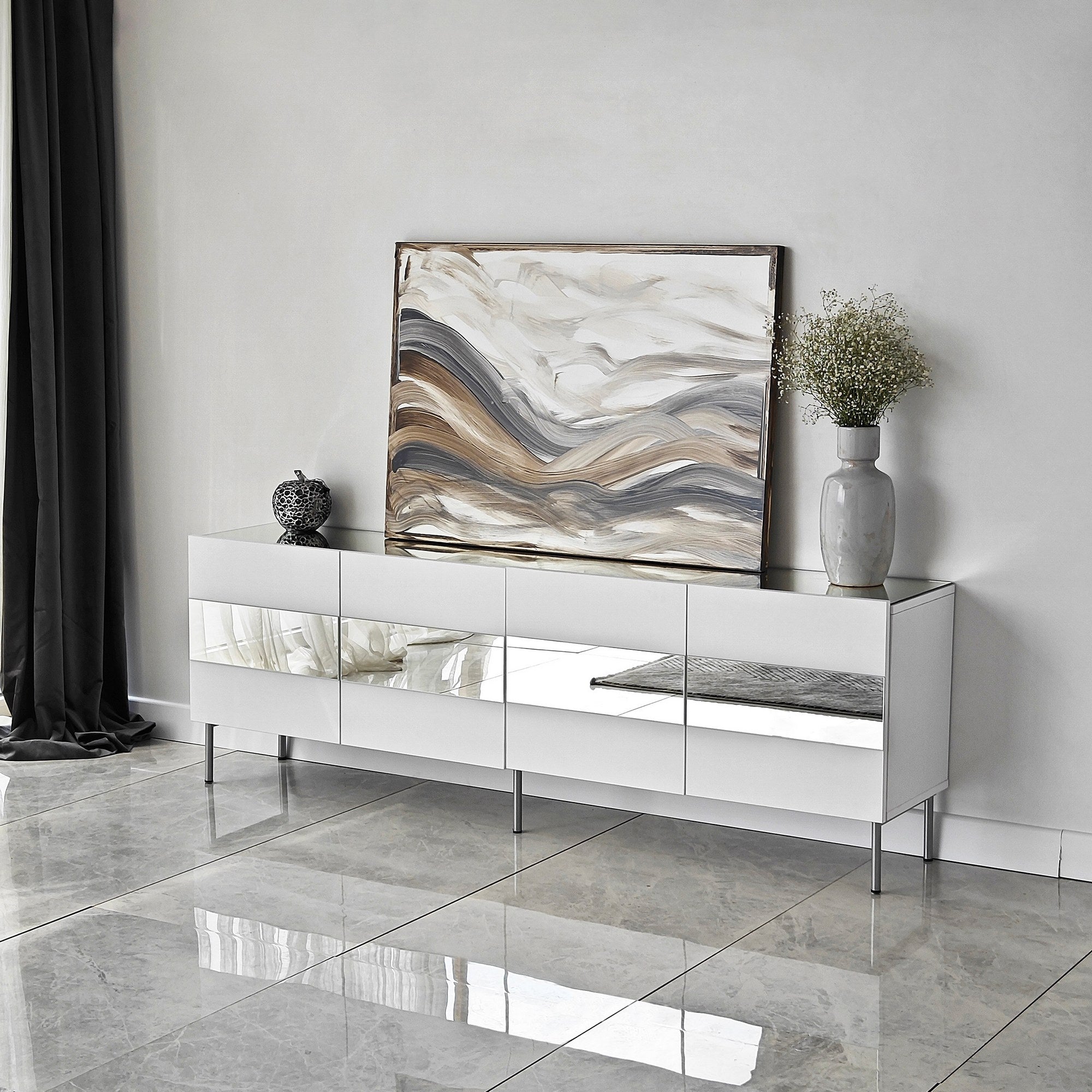 Móvel de TV elegante, 180 cm de largura, branco e prata | Painel de partículas 100% revestido de melamina, 18 mm de espessura | Design moderno para salas de estar e espaços de entretenimento