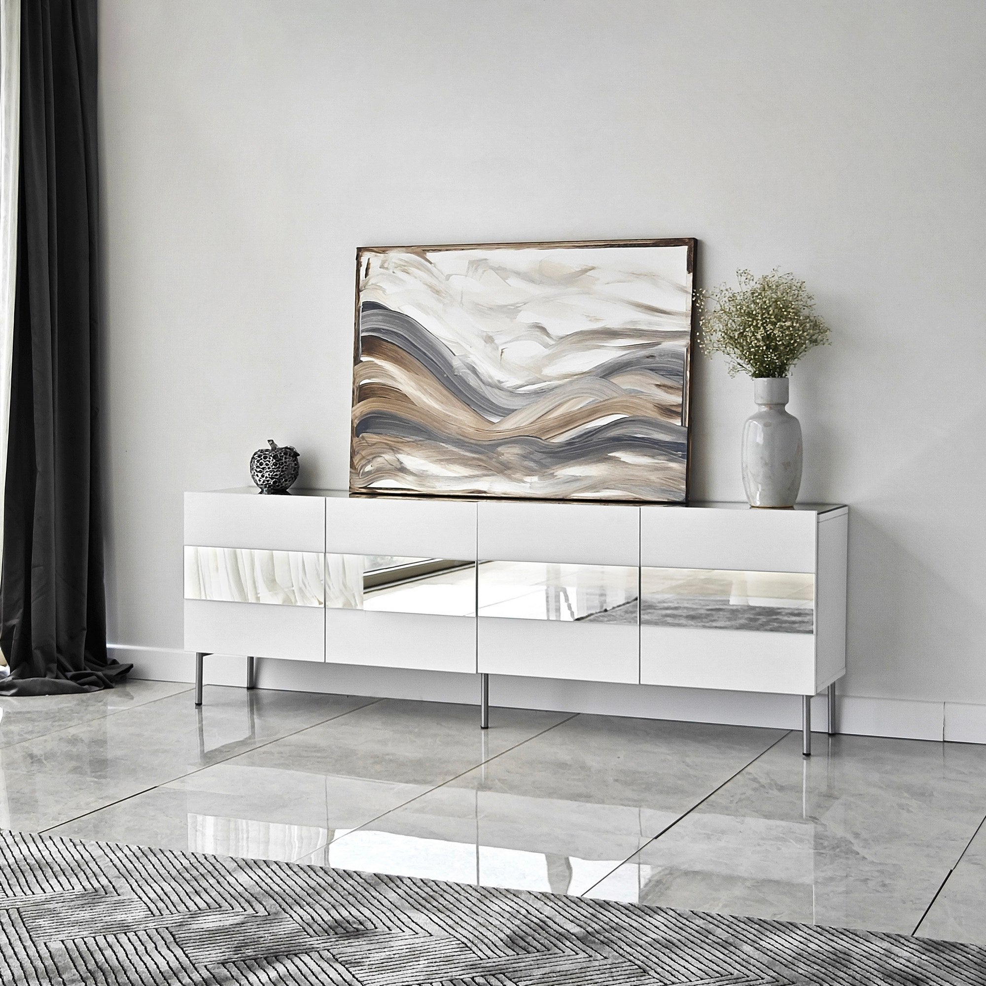 Móvel de TV elegante, 180 cm de largura, branco e prata | Painel de partículas 100% revestido de melamina, 18 mm de espessura | Design moderno para salas de estar e espaços de entretenimento