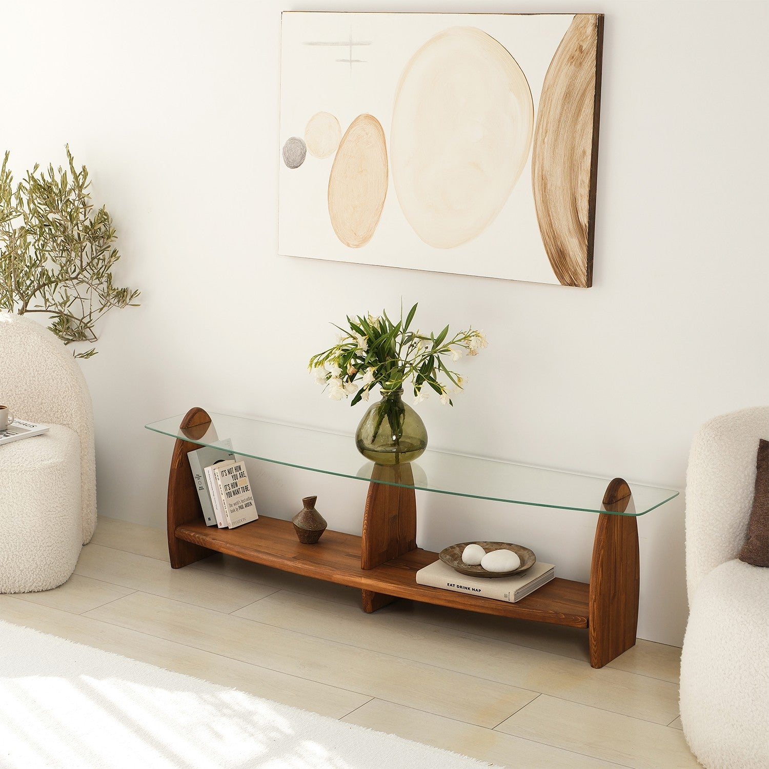 Móvel de TV – 160 cm x 45 cm x 35 cm – Castanho e Transparente – vidro temperado e madeira de pinho