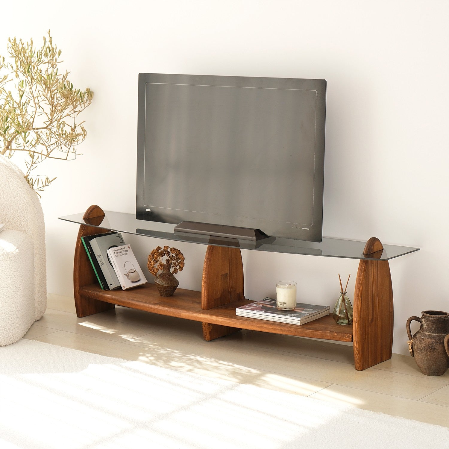 Móvel de TV – 160 cm x 45 cm x 35 cm – Castanho e Fumaça – Vidro Temperado e Madeira de Pinho