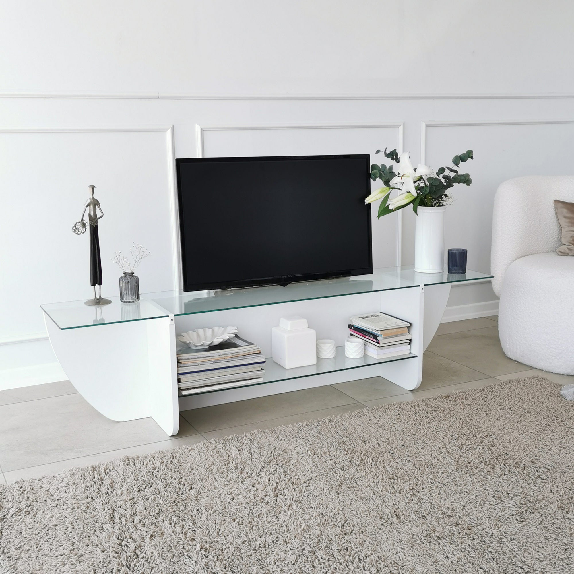 Móvel de TV escandinavo, branco, 158 x 40 x 35 cm | 100% vidro temperado e aglomerado revestido a melamina, 18 mm de espessura | Design elegante e funcional para salas de estar modernas