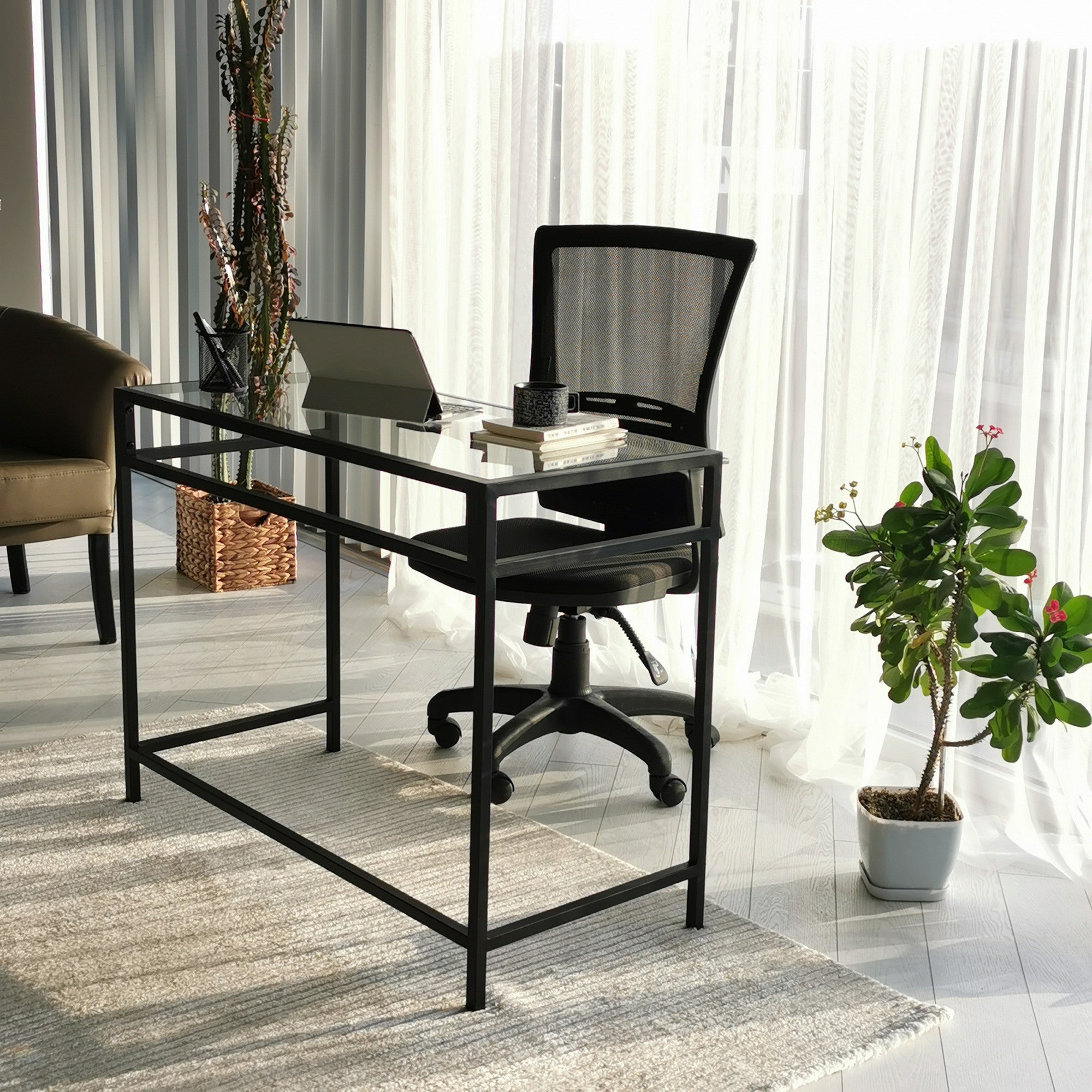 Secretária de Estudo/Escritório Moderna com Tampo 100% em Vidro Temperado, Estrutura em Metal Preto, 100 x 75 x 45 cm | Montável na Parede, Design Industrial Elegante para Escritório em Casa