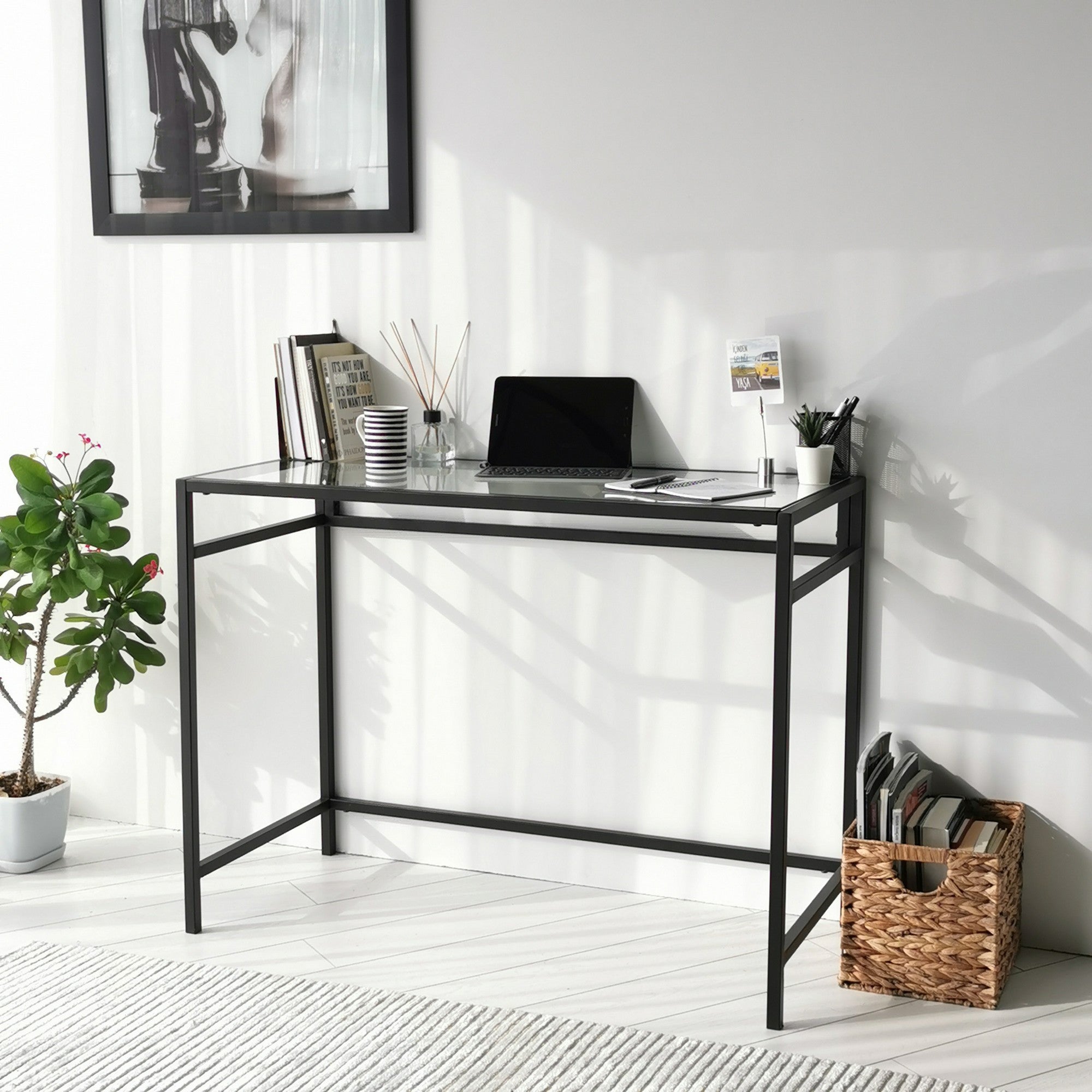 Secretária de Estudo/Escritório Moderna com Tampo 100% em Vidro Temperado, Estrutura em Metal Preto, 100 x 75 x 45 cm | Montável na Parede, Design Industrial Elegante para Escritório em Casa