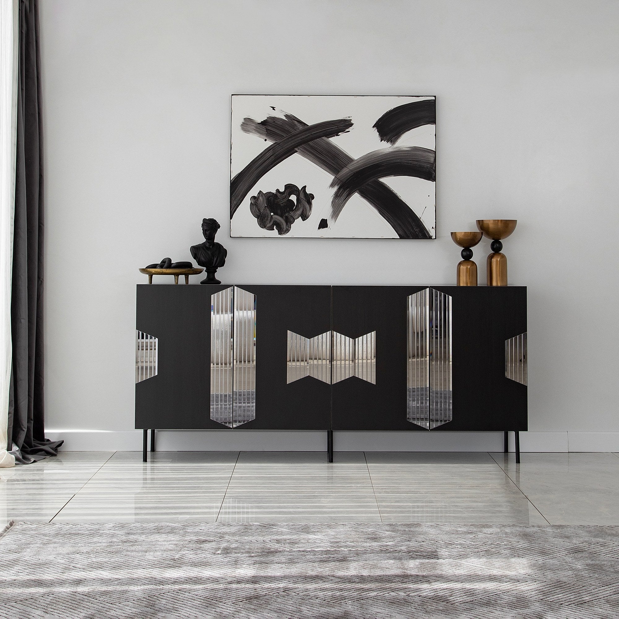 Aparador Elegante, Preta e Fumê, 180 x 80 x 40 cm | Painel de Partículas 100% Revestido em Melamina, 18 mm de Espessura | Design Moderno para Casa e Escritório