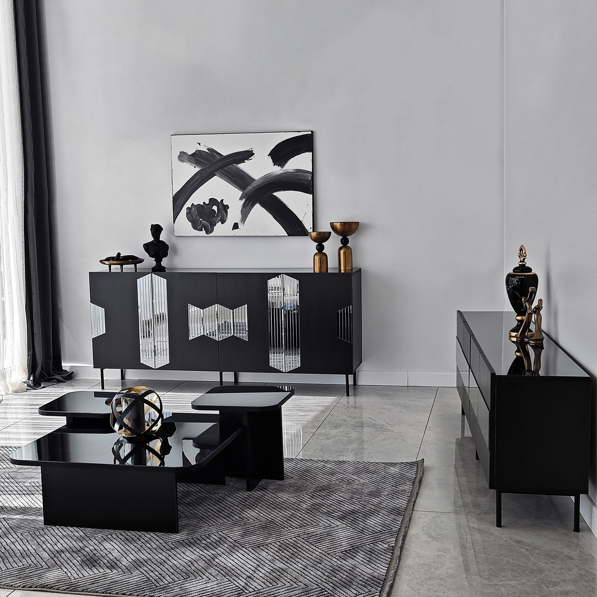 Aparador Elegante, Preta e Fumê, 180 x 80 x 40 cm | Painel de Partículas 100% Revestido em Melamina, 18 mm de Espessura | Design Moderno para Casa e Escritório