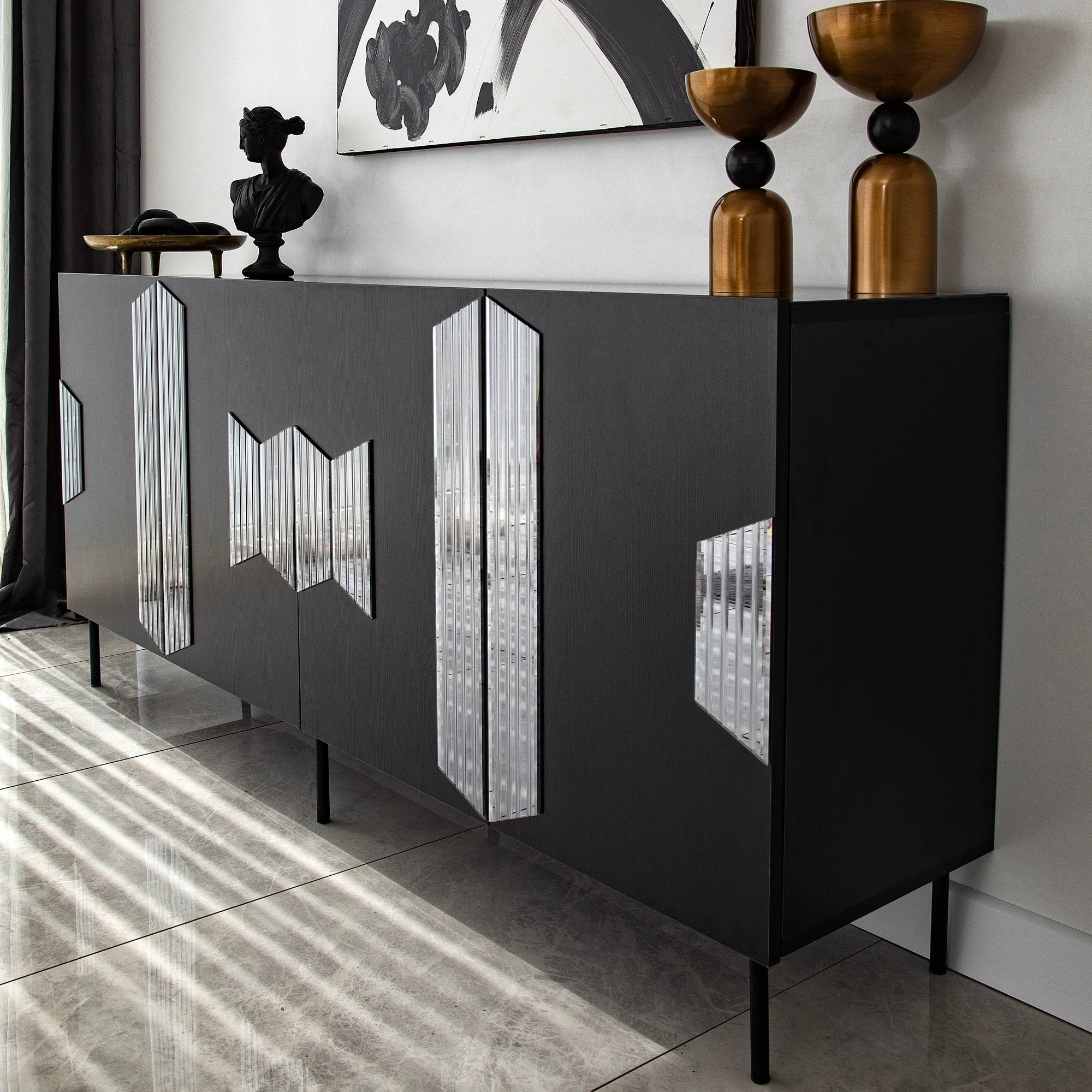 Aparador Elegante, Preta e Fumê, 180 x 80 x 40 cm | Painel de Partículas 100% Revestido em Melamina, 18 mm de Espessura | Design Moderno para Casa e Escritório