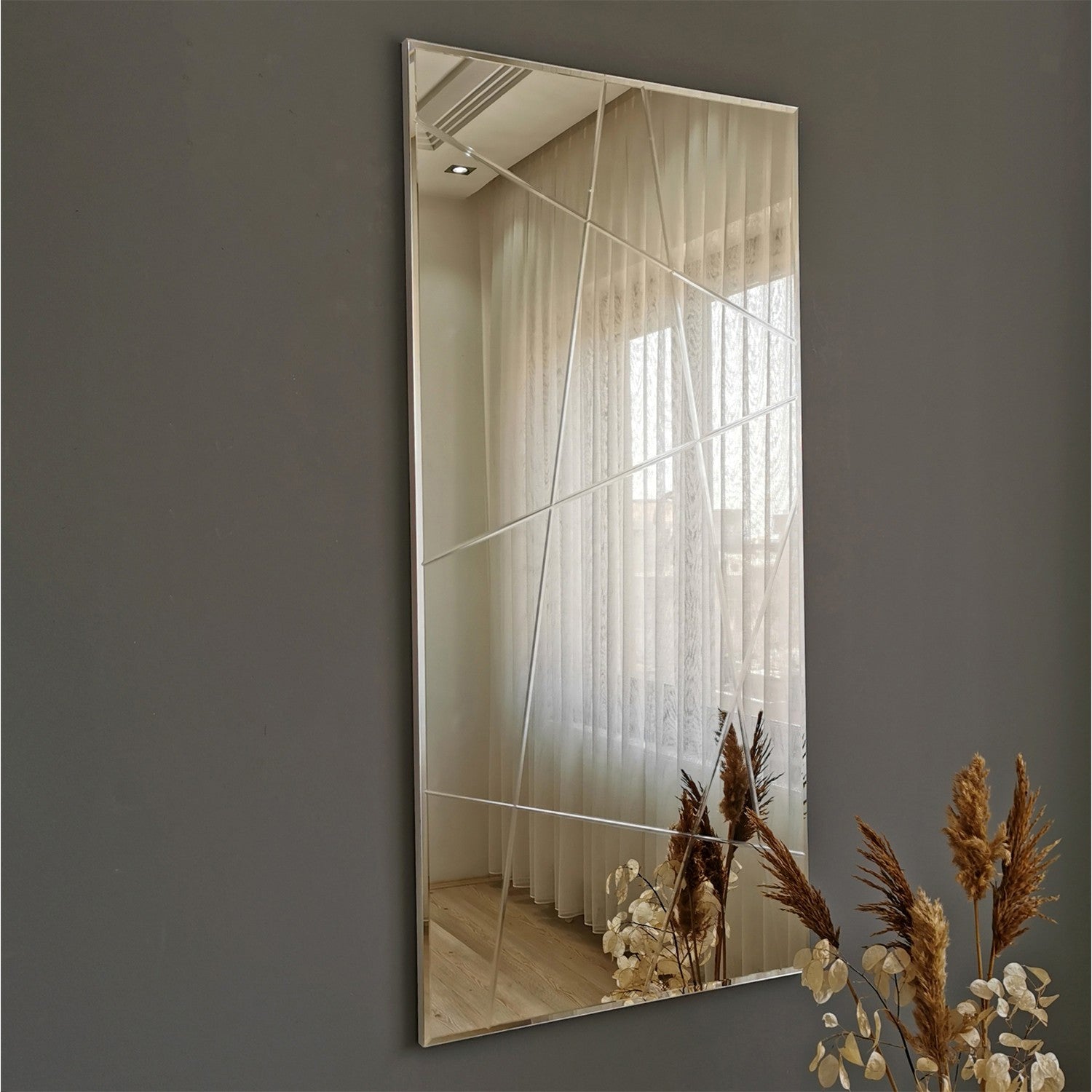 Espelho de parede prateado elegante, 62 x 130 cm, 100% MDF, 2,2 cm de espessura | Montado e pronto para pendurar | Perfeito para decoração moderna de hotéis e residências