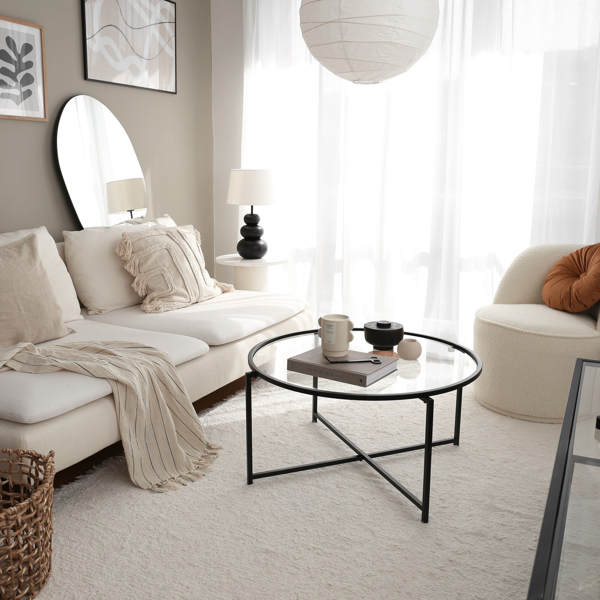 Mesa de Centro Industrial Moderna, Preto Fosco, 83 x 40 x 83 cm | Tampo 100% Vidro Temperado, 4 mm | Estrutura de Metal Resistente, Design Elegante e Funcional