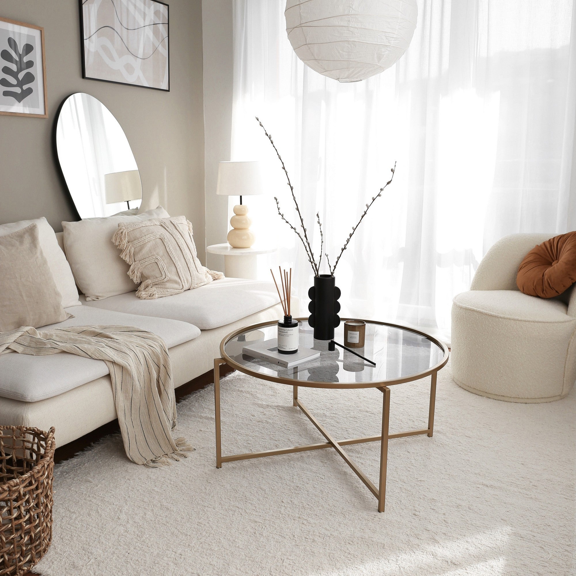 Mesa de Centro Moderna, 83 cm x 40 cm x 83 cm | Estrutura 100% em Vidro Temperado e Metal, Cores Dourado e Fumê | Design Glamouroso para Espaços de Convivência Elegantes