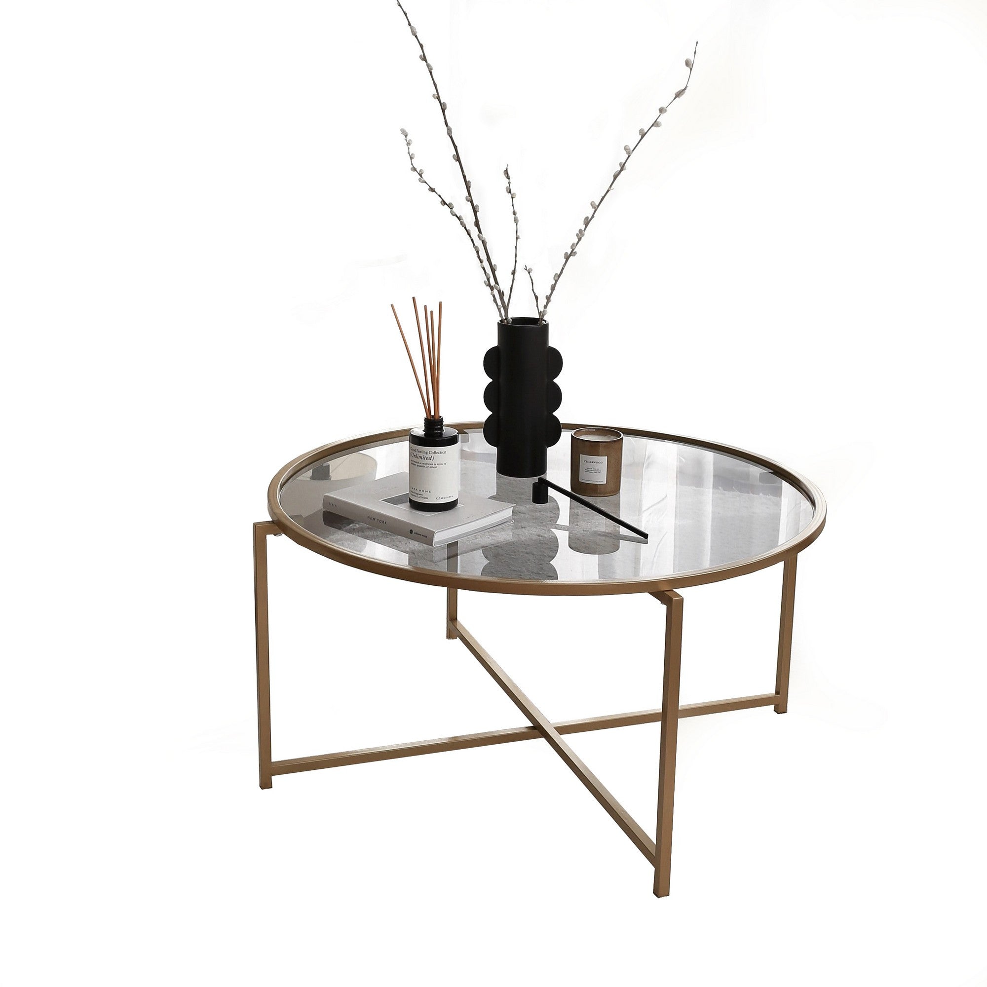 Mesa de Centro Moderna, 83 cm x 40 cm x 83 cm | Estrutura 100% em Vidro Temperado e Metal, Cores Dourado e Fumê | Design Glamouroso para Espaços de Convivência Elegantes
