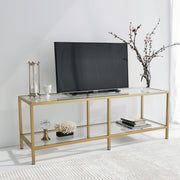 Móvel de TV moderno dourado, 130 cm | Estrutura 100% em vidro temperado e metal, 4 mm de espessura | Montável na parede com várias prateleiras | Design glamoroso para salas de estar elegantes