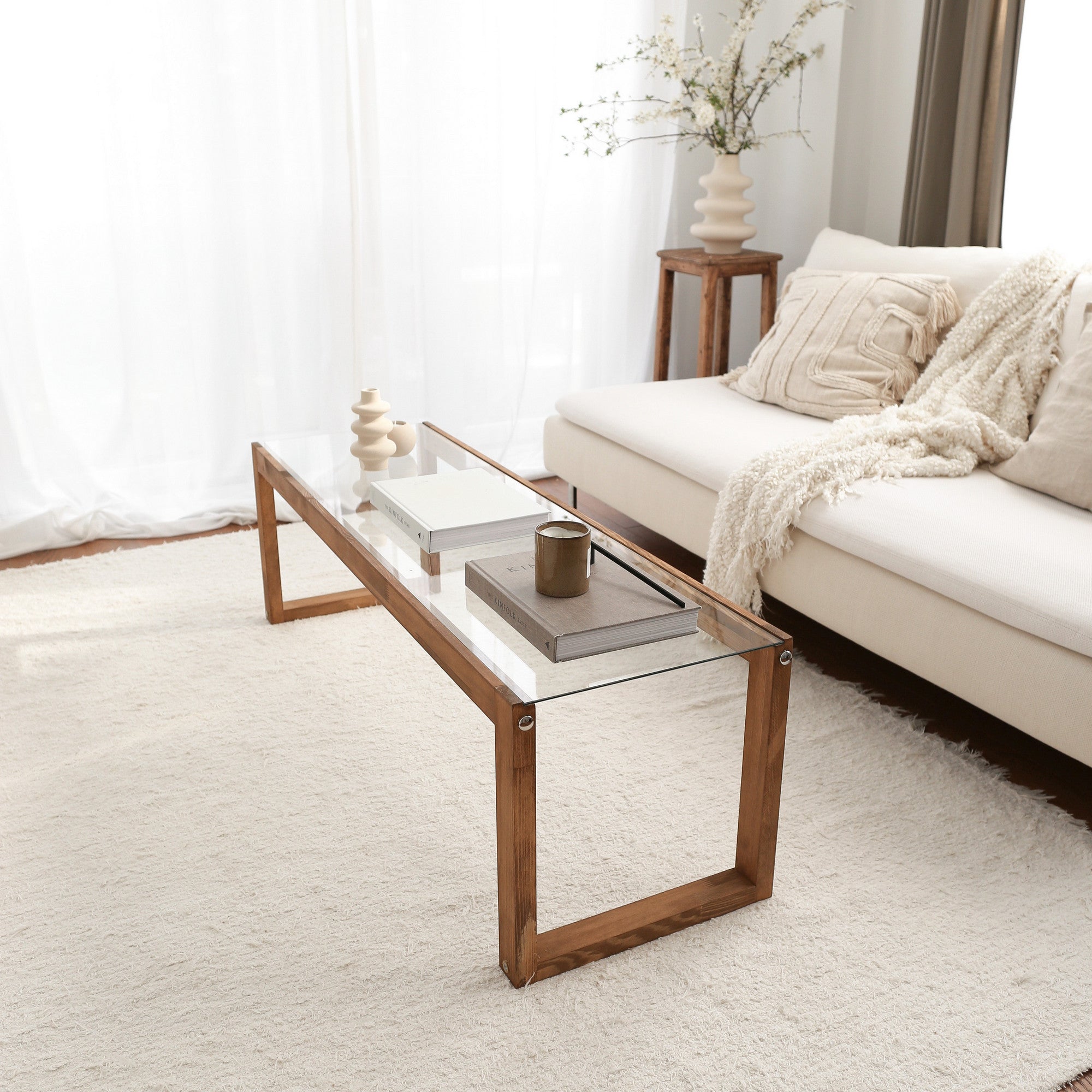 Móvel de TV moderno, 130 cm, 100% madeira maciça de pinho e vidro temperado, 6 mm de espessura | Montável na parede, design escandinavo rústico, perfeito para qualquer sala de estar