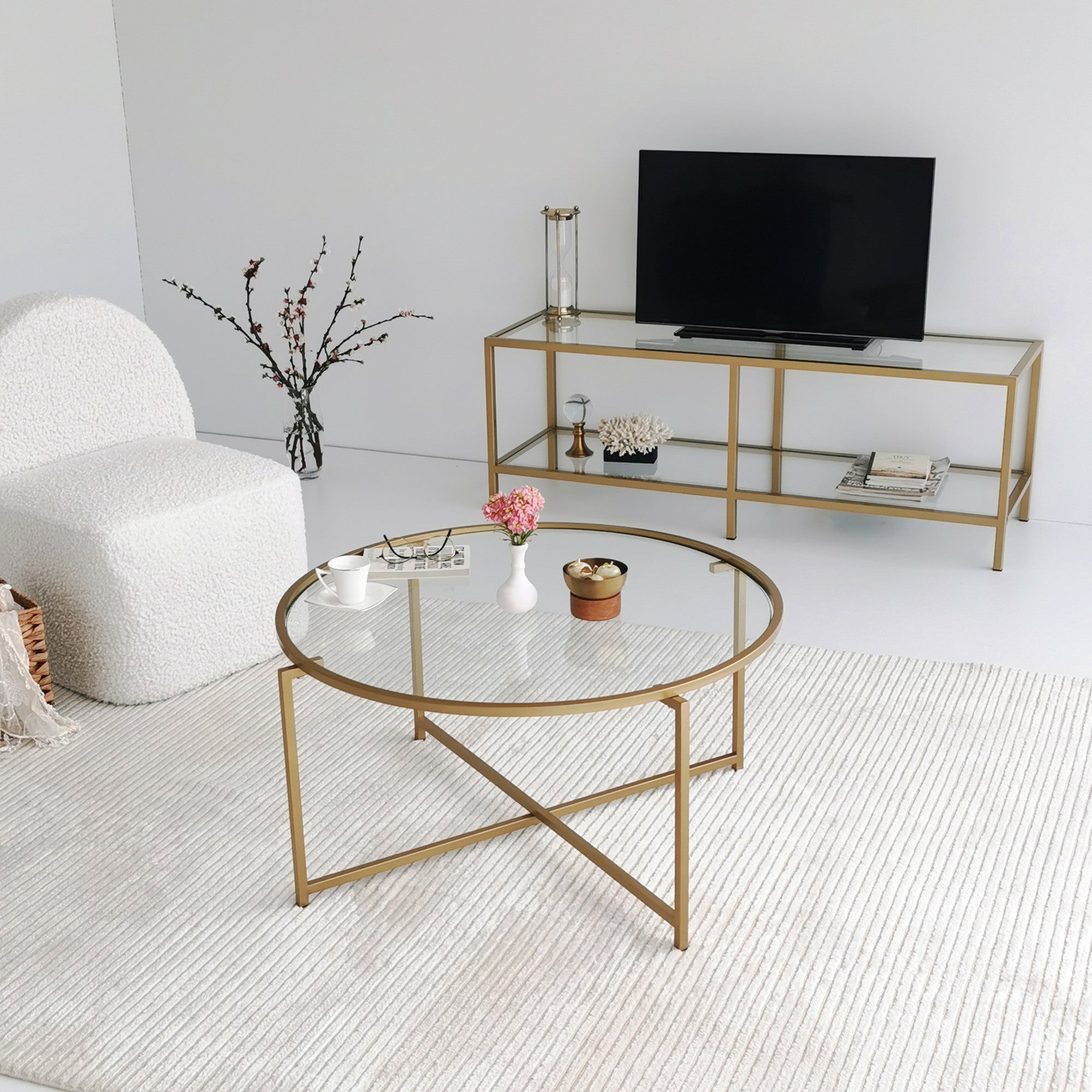 Mesa de Centro Moderna e Glamourosa, 83 x 83 x 40 cm, 100% Vidro Temperado e Estrutura em Metal, Acabamento Dourado Elegante | Perfeita para Salas de Estar e Lounges Elegantes