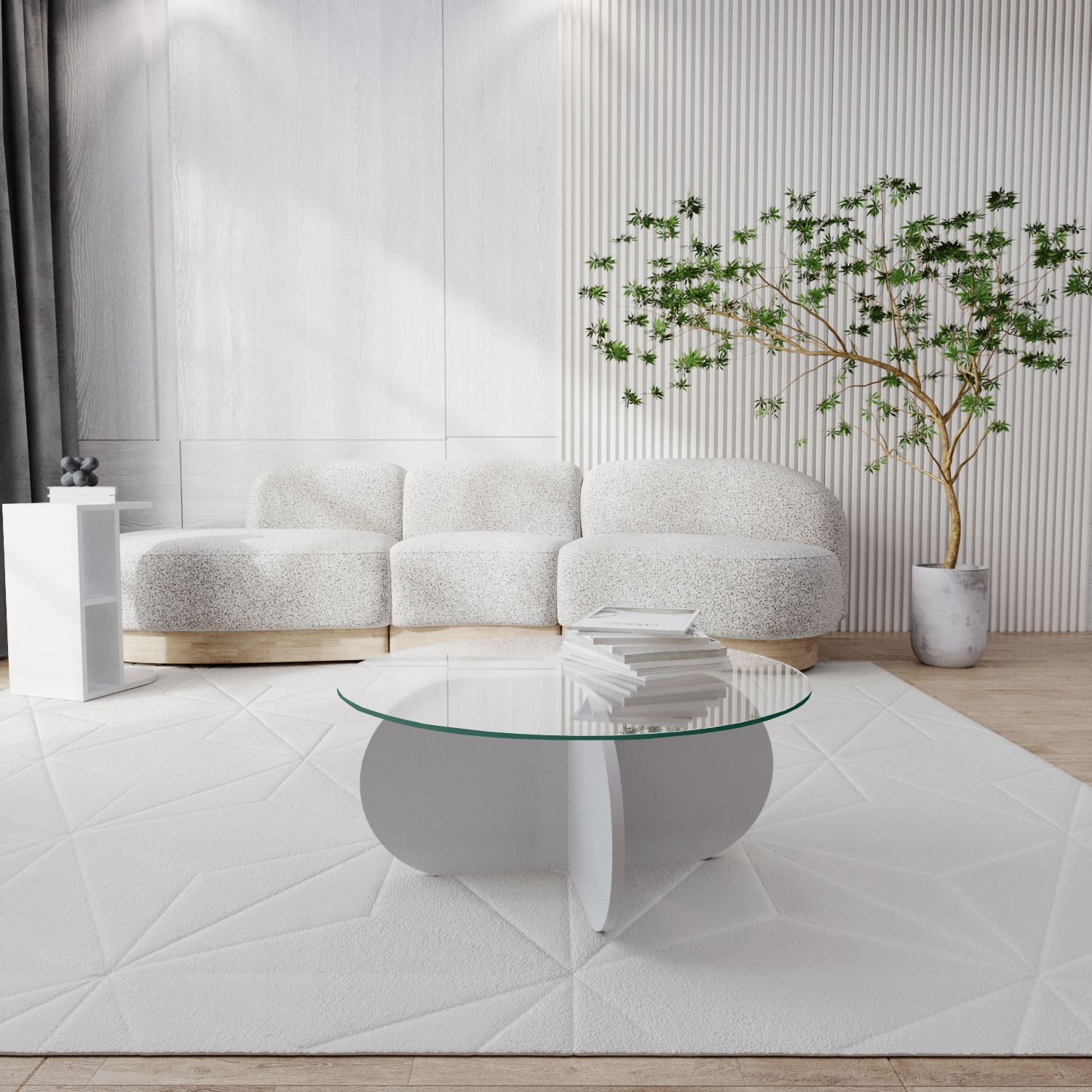 Mesa de Centro Moderna, Branca, 75 x 35 x 75 cm | Tampo 100% Vidro Temperado, 100% Aglomerado Revestido em Melamina, 18 mm de Espessura | Design Elegante e Funcional