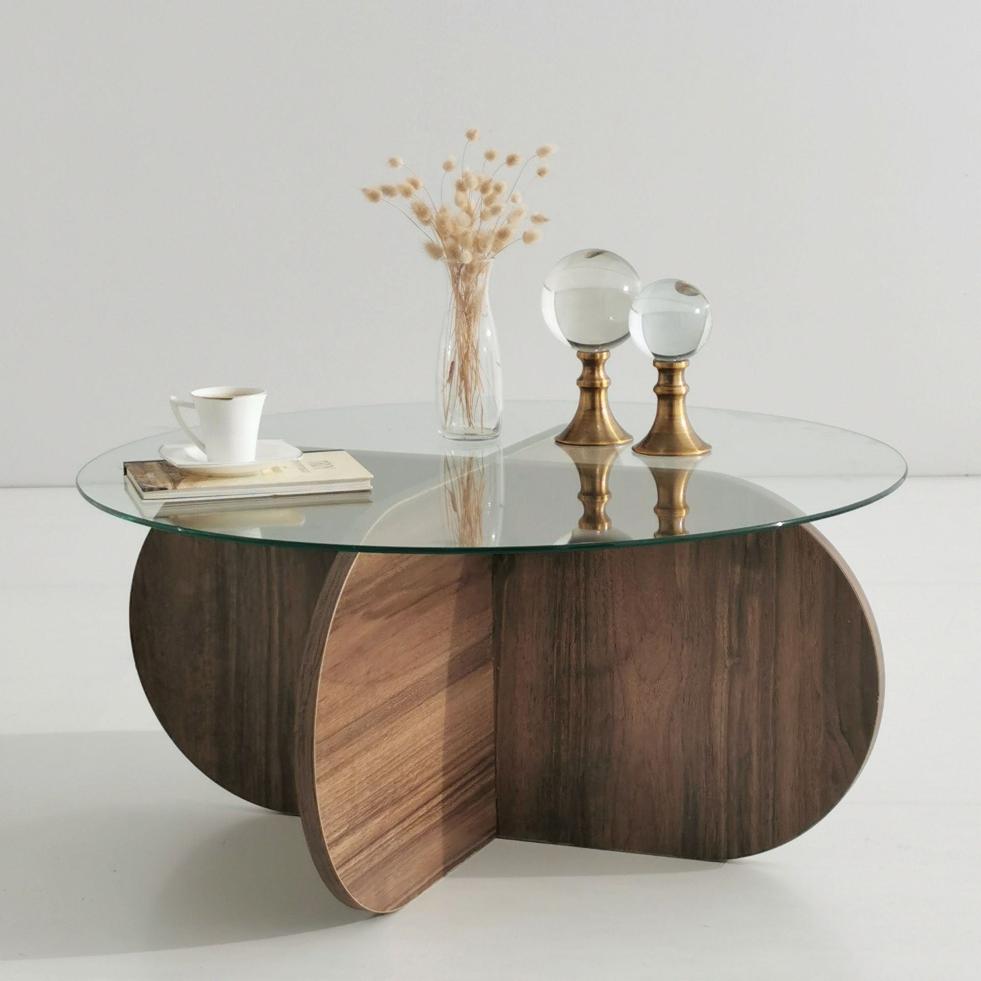 Mesa de Centro Moderna, Cor Nogueira, 75 x 35 x 75 cm | Tampo 100% Vidro Temperado, 100% Aglomerado Revestido em Melamina, 18 mm de Espessura | Design Elegante e Funcional