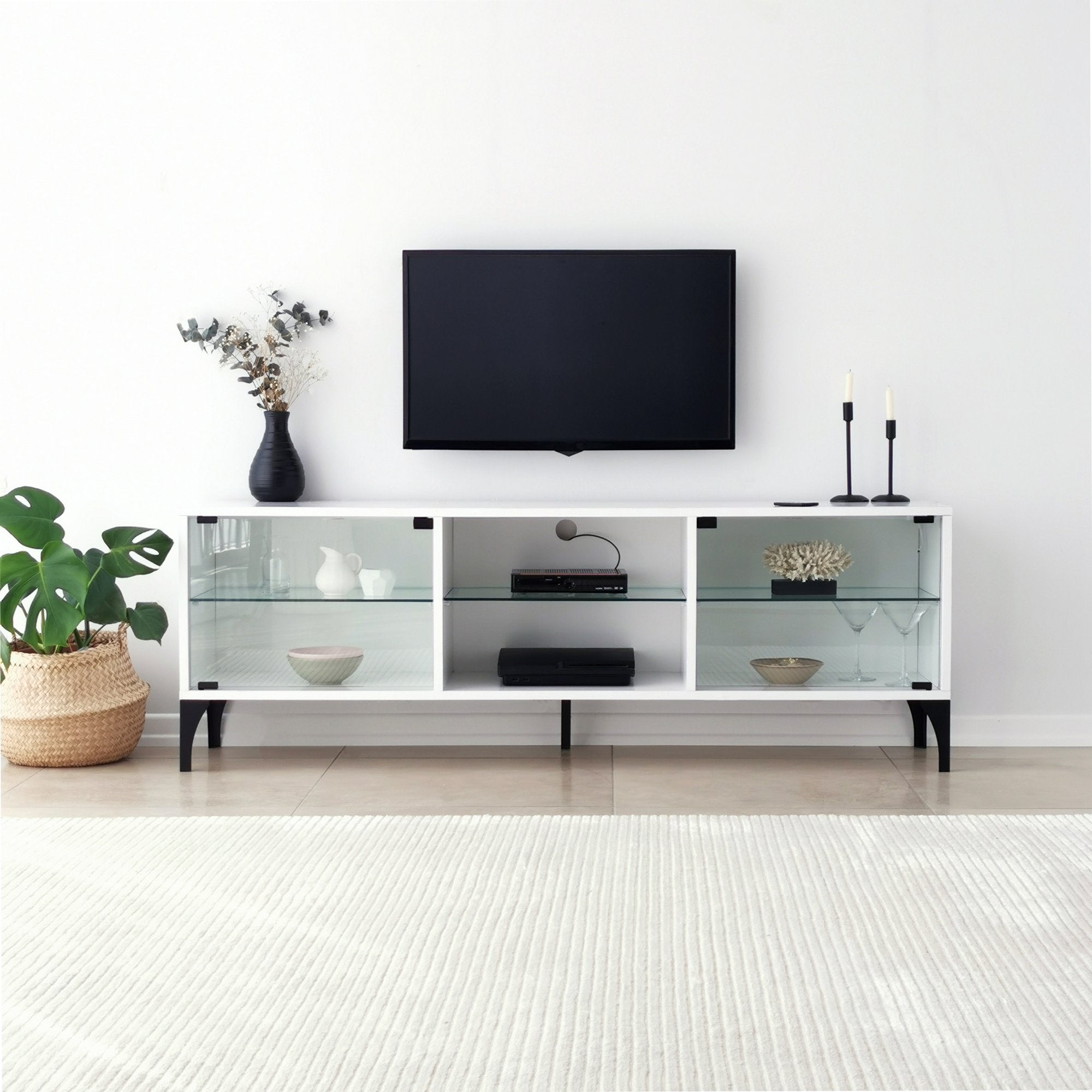 Móvel de TV moderno com iluminação LED e controle remoto, branco, 160 x 55 x 35 cm | 100% vidro temperado e painel de partículas revestido de melamina, 18 mm de espessura