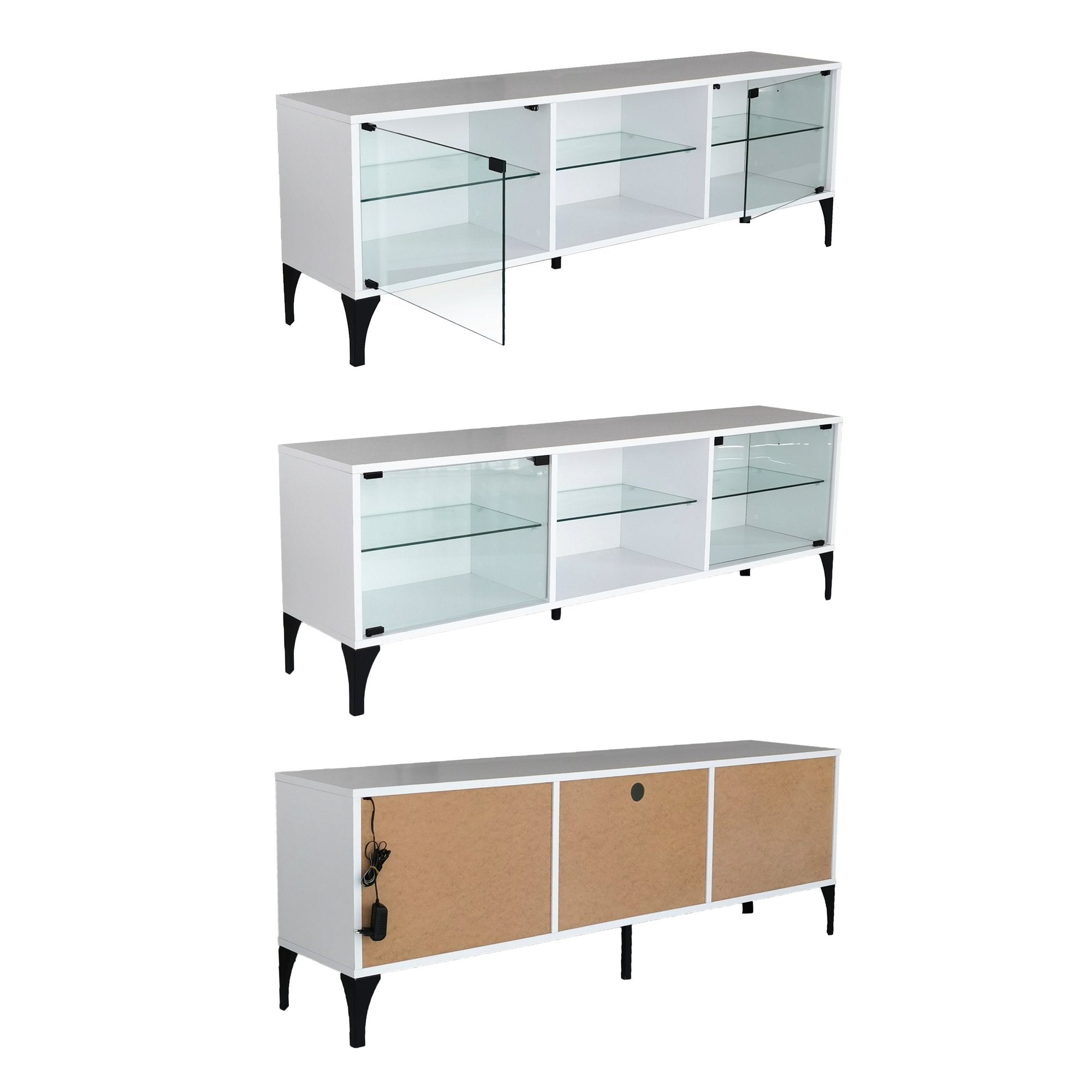 Móvel de TV moderno com iluminação LED e controle remoto, branco, 160 x 55 x 35 cm | 100% vidro temperado e painel de partículas revestido de melamina, 18 mm de espessura