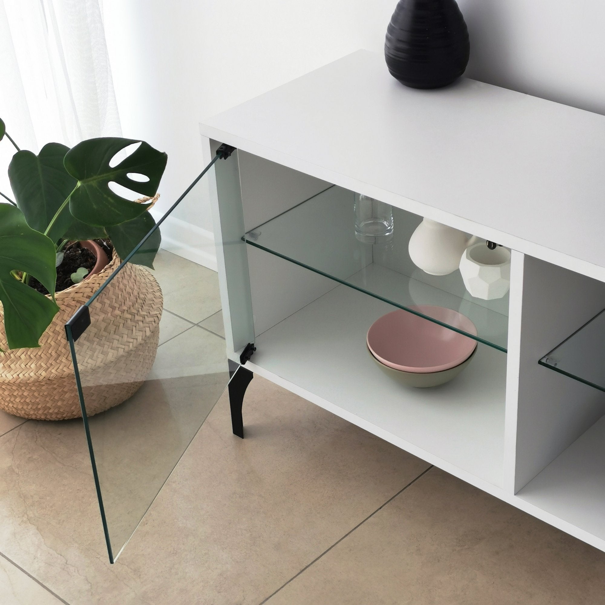 Móvel de TV moderno com iluminação LED e controle remoto, branco, 160 x 55 x 35 cm | 100% vidro temperado e painel de partículas revestido de melamina, 18 mm de espessura