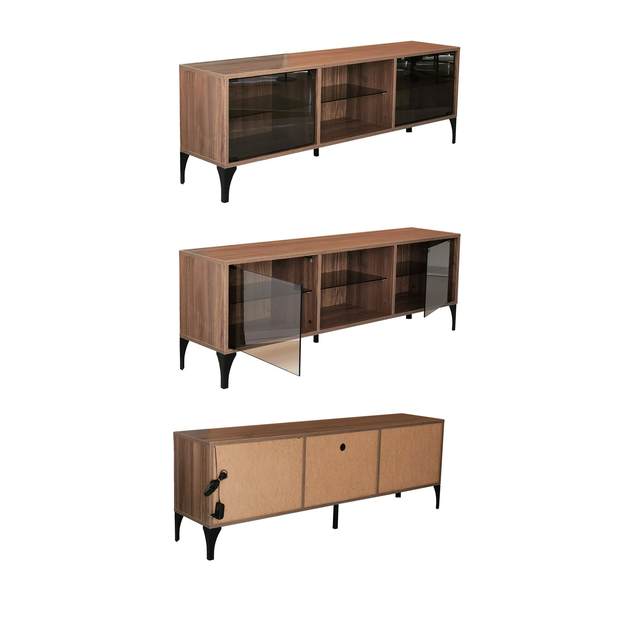 Móvel de TV moderno com iluminação LED e controle remoto, cor nogueira, 160 x 55 x 35 cm | 100% vidro temperado e painel de partículas revestido de melamina, 18 mm de espessura