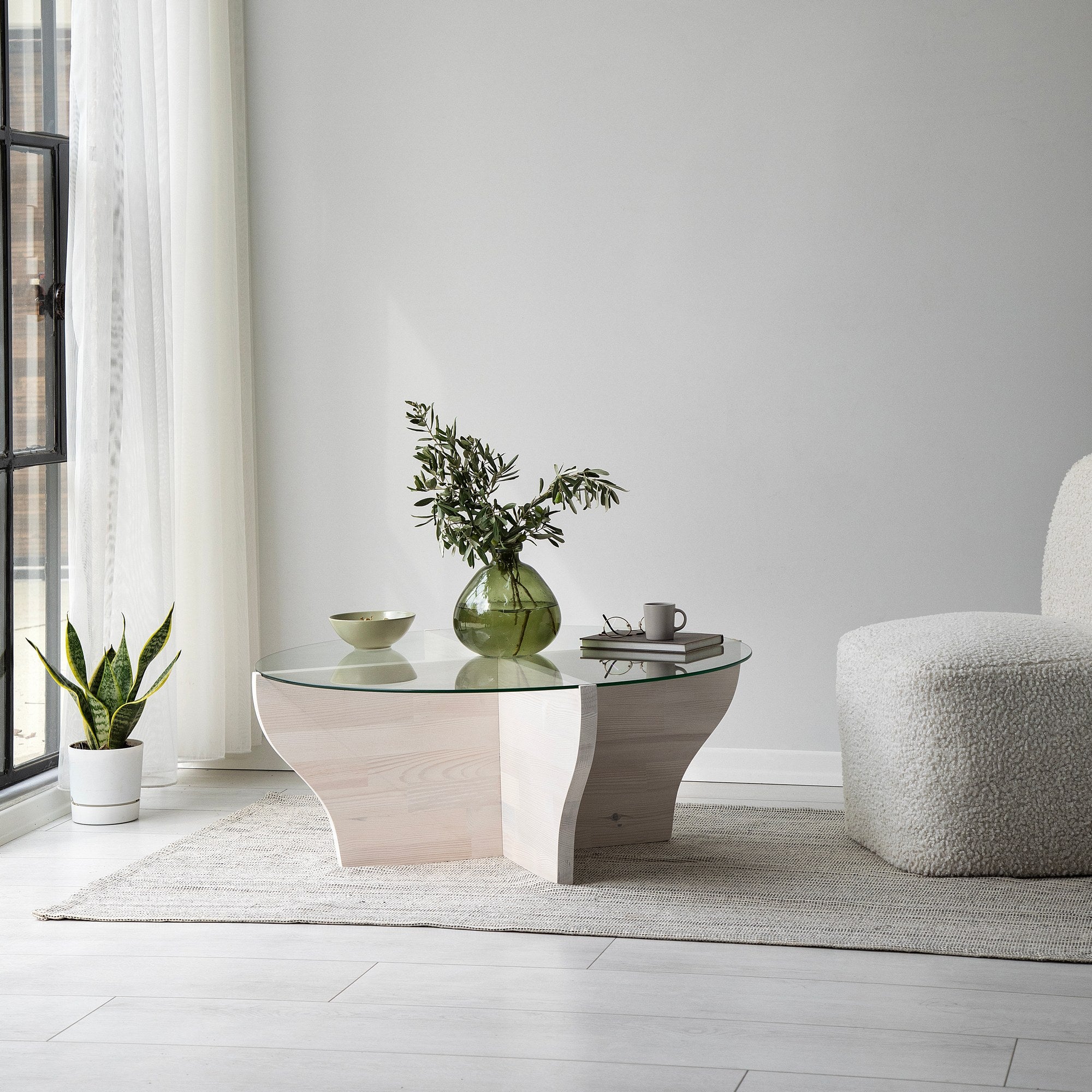 Mesa de Centro Branca Elegante, 92 x 36 x 92 cm | Tampo 100% Vidro Temperado e Estrutura em Madeira de Pinho Maciça | Perfeita para Salas de Estar Modernas e Decoração Elegante