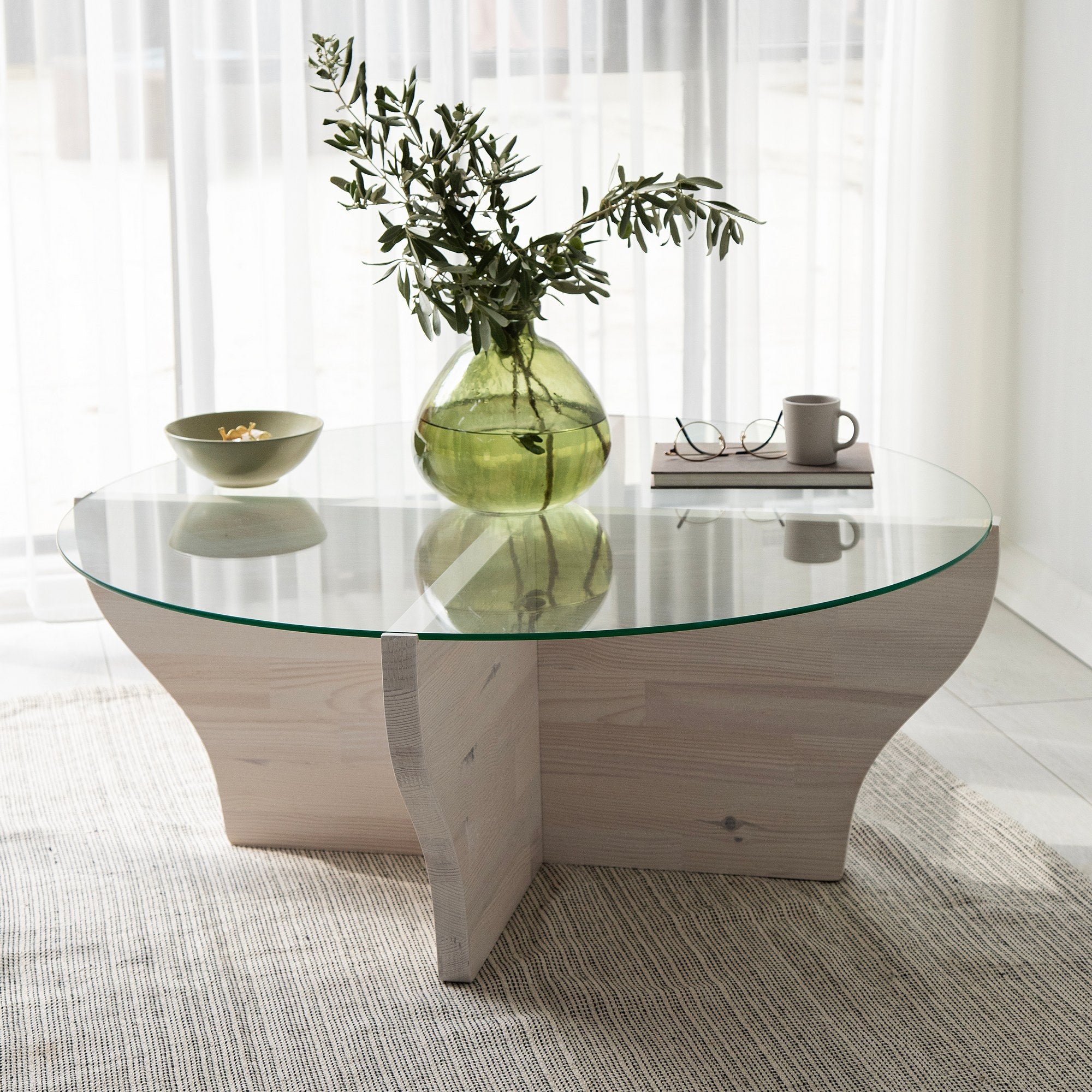 Mesa de Centro Branca Elegante, 92 x 36 x 92 cm | Tampo 100% Vidro Temperado e Estrutura em Madeira de Pinho Maciça | Perfeita para Salas de Estar Modernas e Decoração Elegante