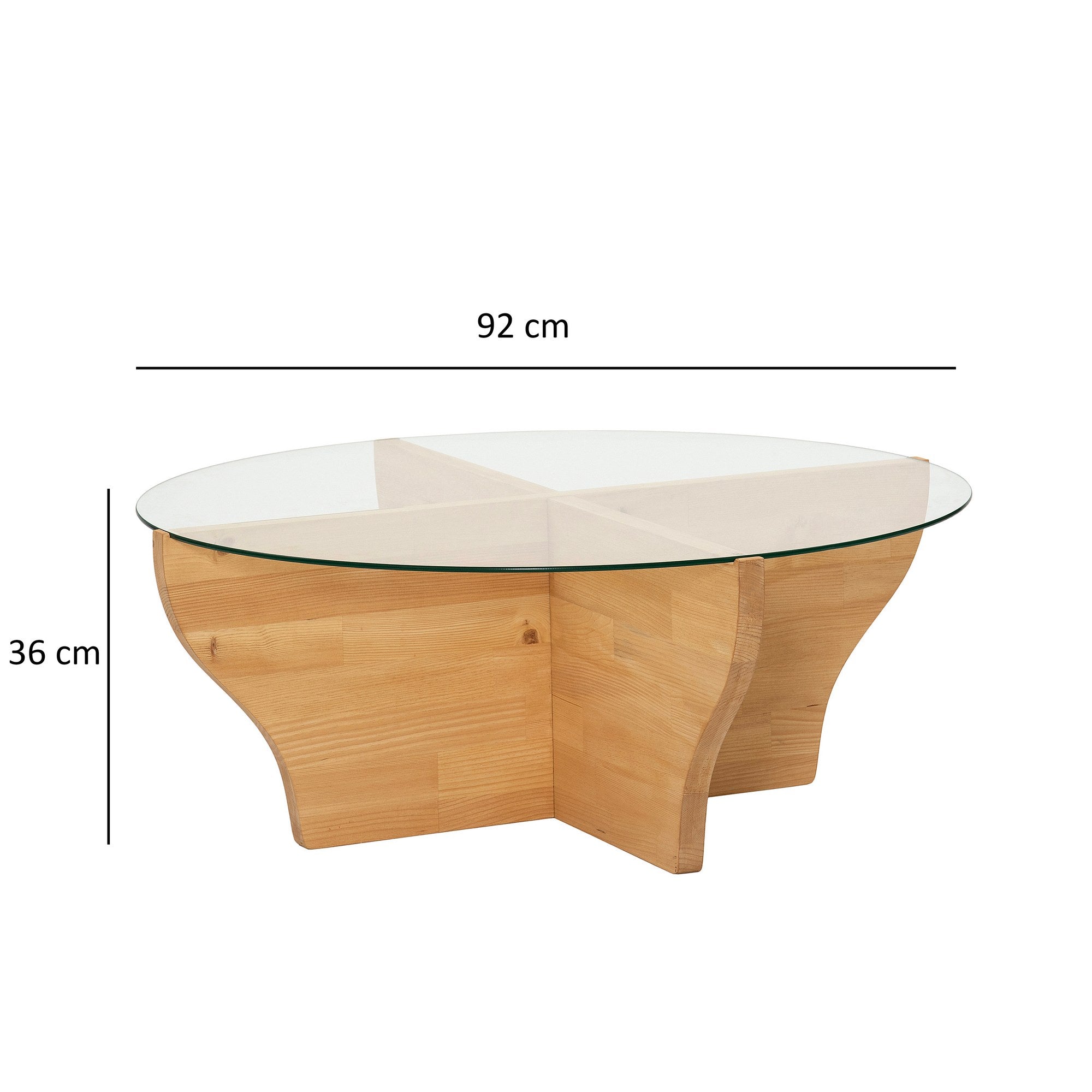 Mesa de Centro Elegante, Cor Teca, 92 x 36 x 92 cm | Tampo 100% Vidro Temperado e Estrutura em Madeira de Pinho Maciça | Perfeita para Salas de Estar e Espaços Modernos