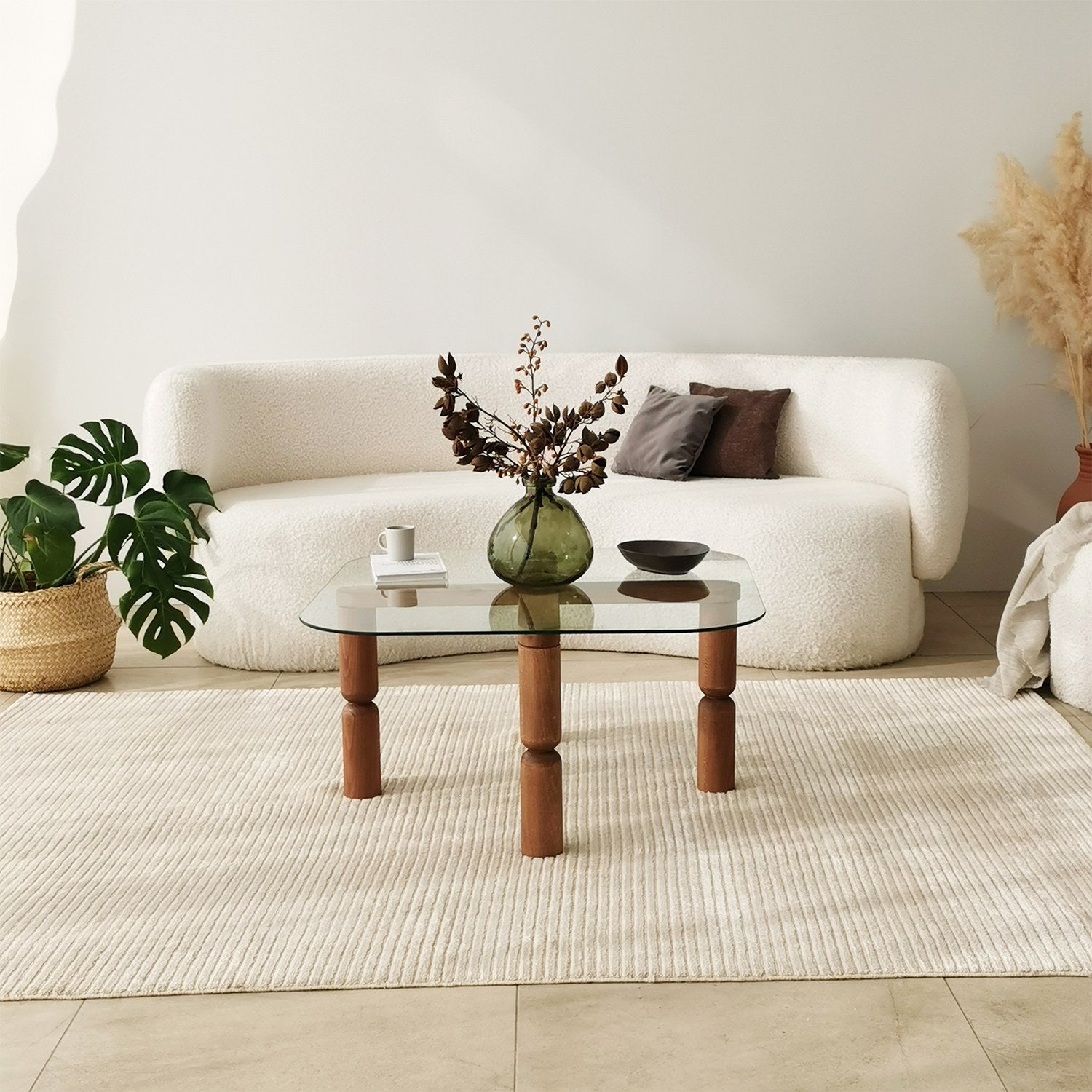 Mesa de Centro Elegante, Cor Nogueira, 80 x 40 x 80 cm | Tampo 100% Vidro Temperado, Estrutura 100% Madeira de Faia | Uma Adição Elegante para Salas de Estar Modernas