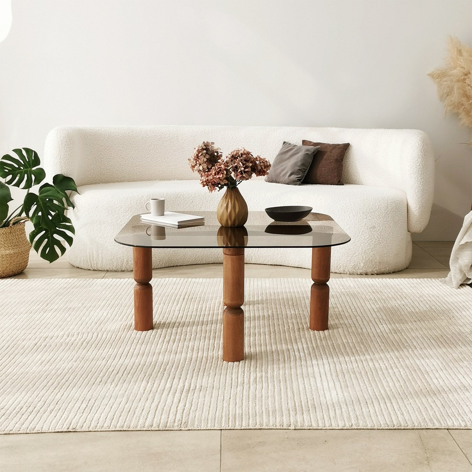 Mesa de Centro Elegante, 80 cm x 40 cm x 80 cm | Estrutura 100% em Vidro Temperado e Madeira de Faia | Acabamento Elegante em Nogueira e Bronze para Espaços Modernos