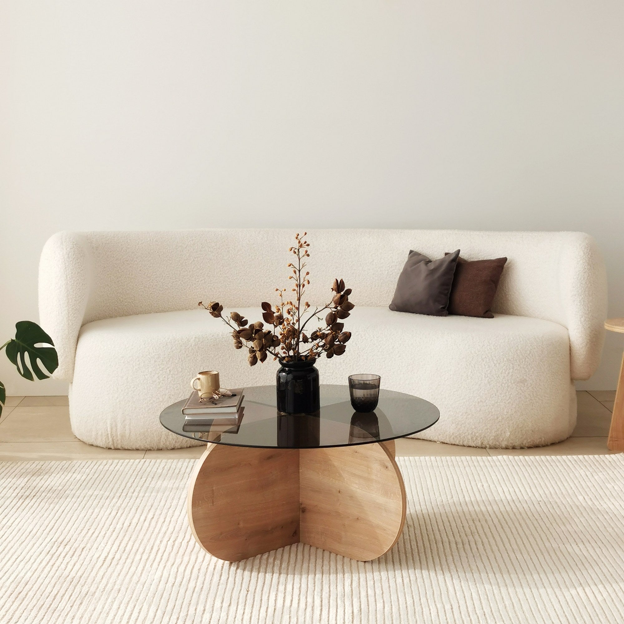 Mesa de Centro Elegante, 75 x 35 x 75 cm | 100% Vidro Temperado e Aglomerado Revestido em Melamina | Cores Carvalho e Fumê | Design Moderno para Sala de Estar e Escritório